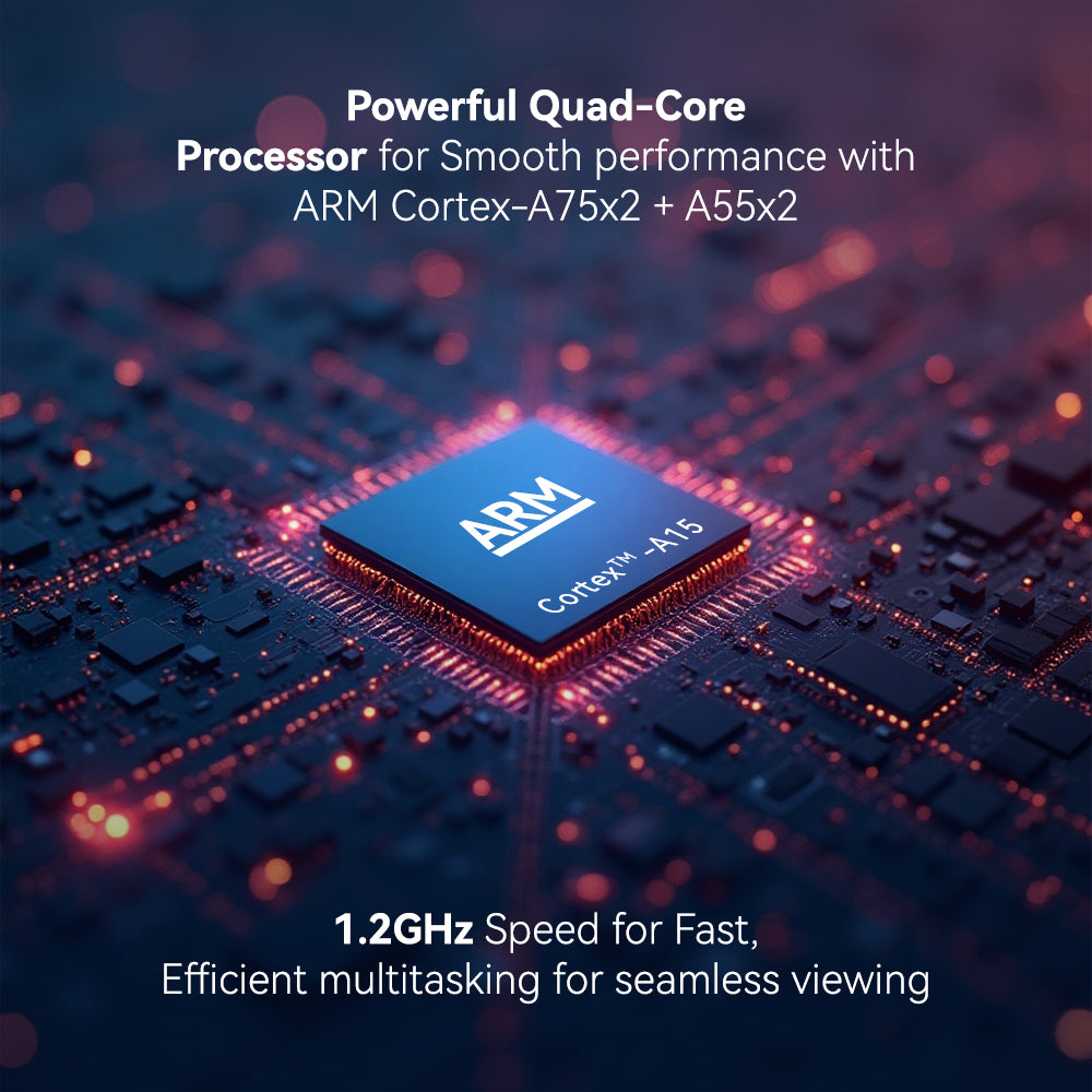 ARM Cortex-A75x2 + A55x2 processor on a circuit board with text about performance.