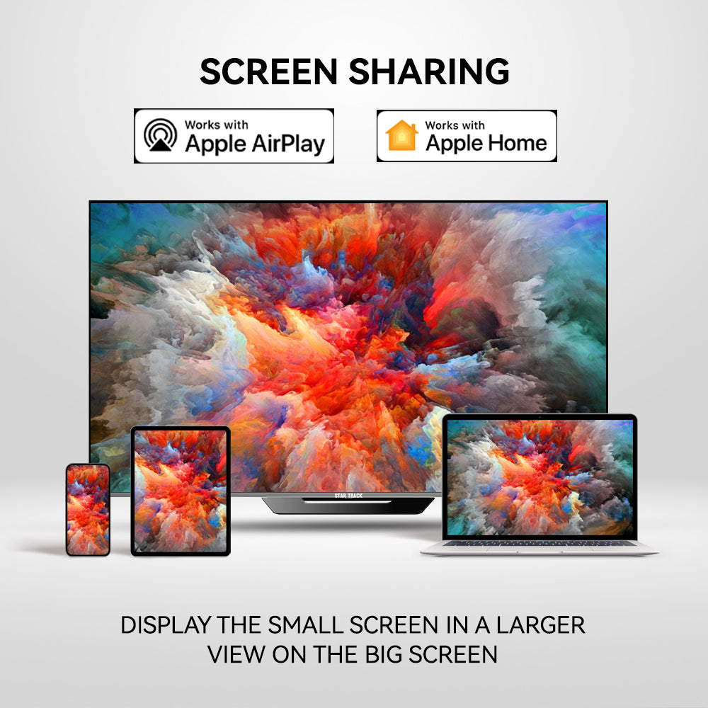 Advertisement for screen sharing feature with Apple AirPlay and Apple Home on a white background.