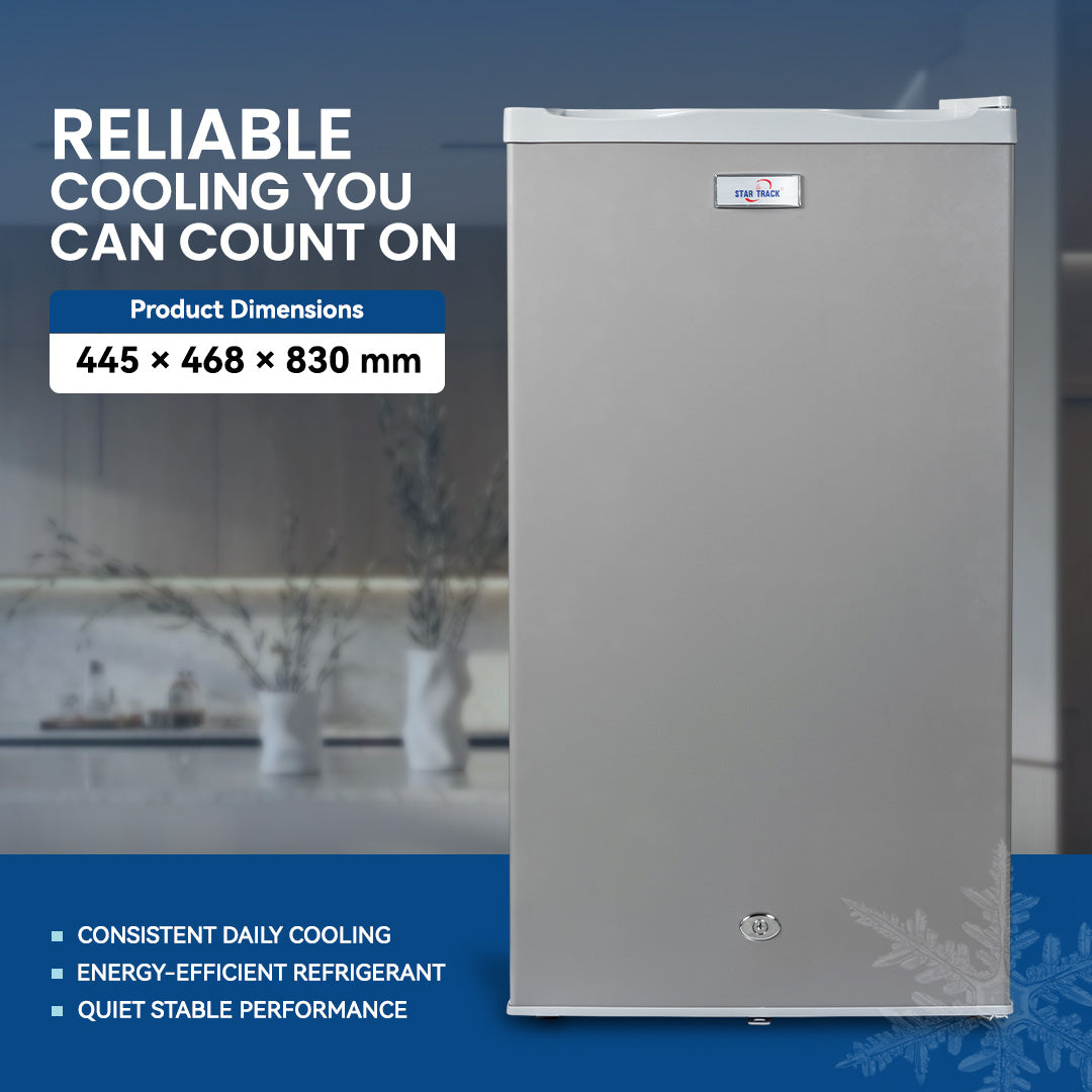 ثلاجة سعة 110 لتر، باب واحد، رمادية اللون، قفل أمان للأطفال، صغيرة الحجم، موفرة للطاقة، أرفف قابلة للتعديل