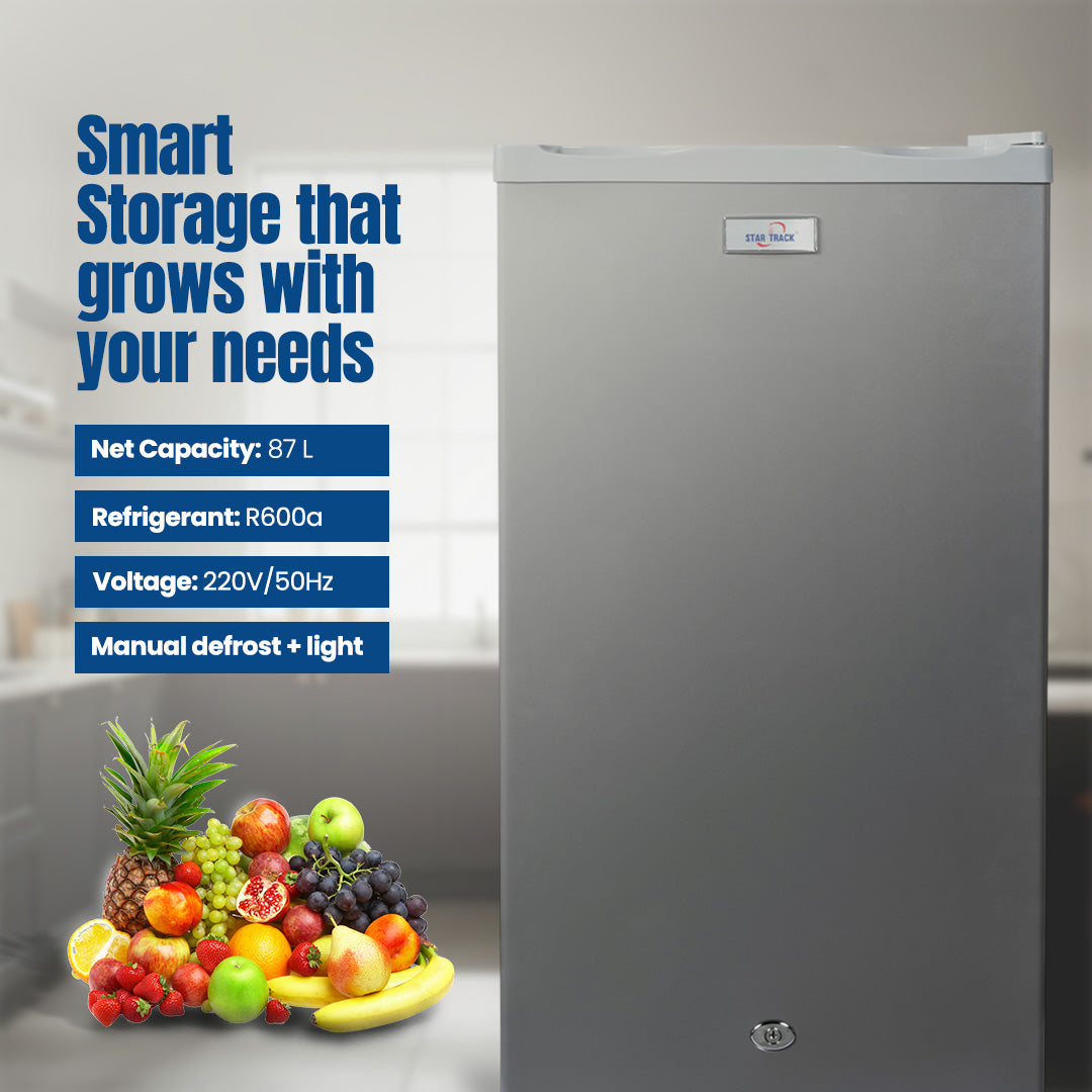 ثلاجة سعة 110 لتر، باب واحد، رمادية اللون، قفل أمان للأطفال، صغيرة الحجم، موفرة للطاقة، أرفف قابلة للتعديل