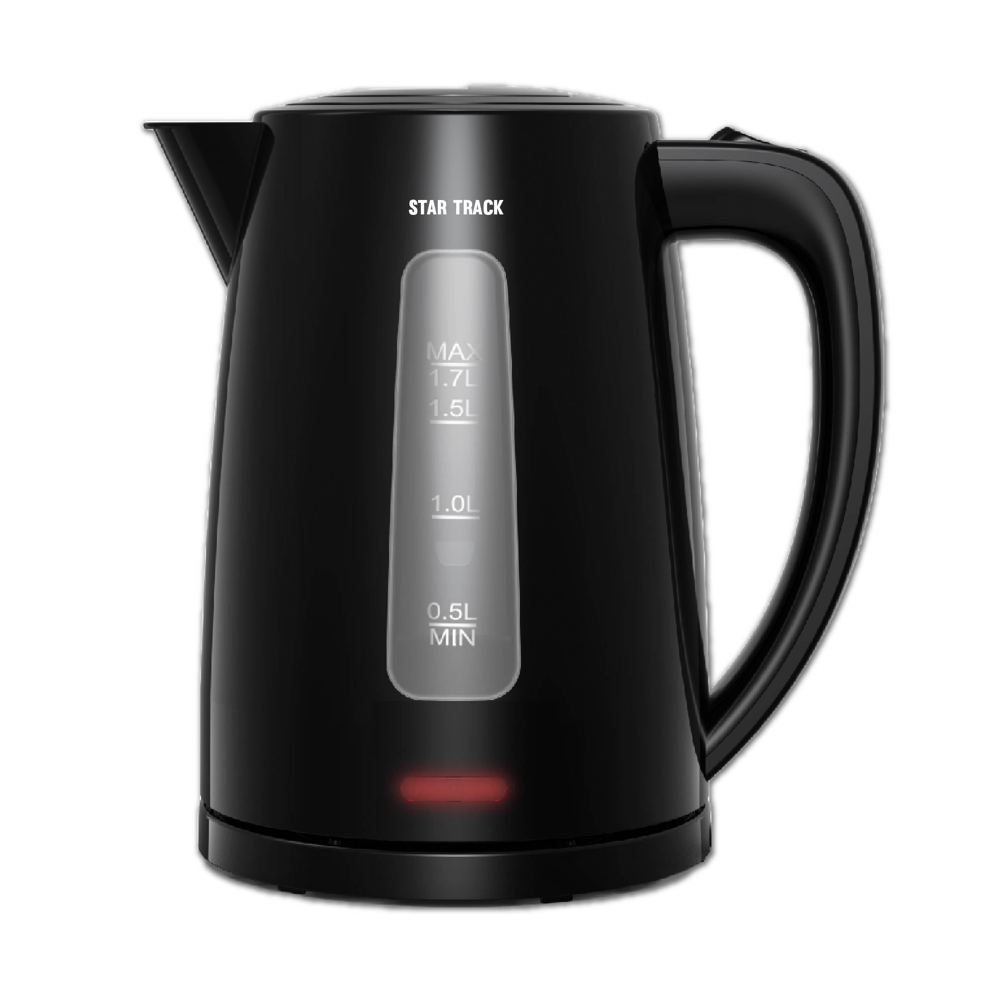 STAR TRACK 1.7L Electric Kettle featuring a sleek black design with transparent water level window, LED indicator light, and ergonomic handle. Product shows measurement markings and brand logo on a matte black finish.