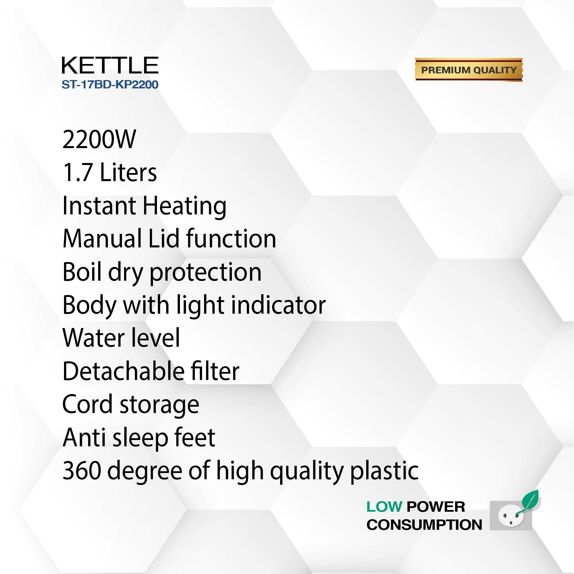 1.7L Electric Kettle, 2200W, Instant Heating, Manual Lid, Boil-Dry Protection, and Light Indicator