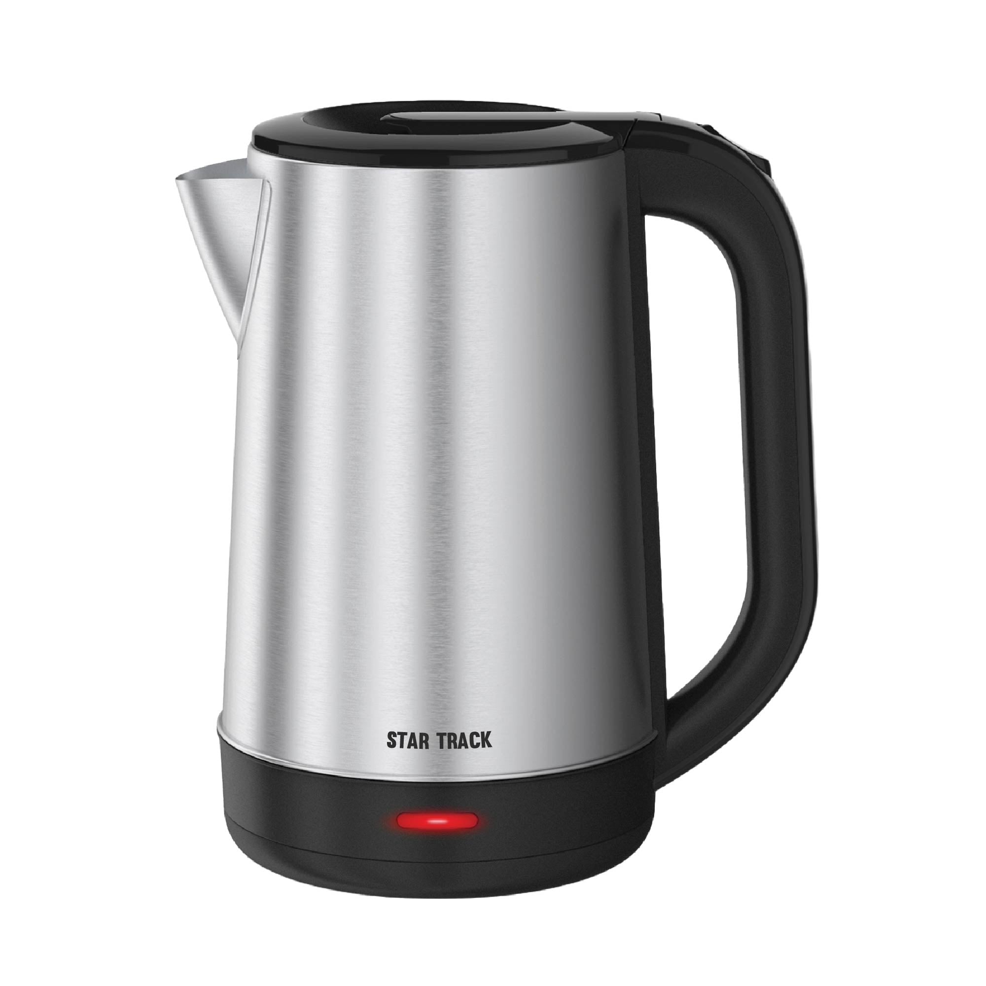 STAR TRACK 2.0L Electric Kettle with 2200W power, featuring a sleek stainless steel body, black ergonomic handle, manual lid, and red power indicator light. Modern electric kettle with brushed metal finish and water level window visible on side.