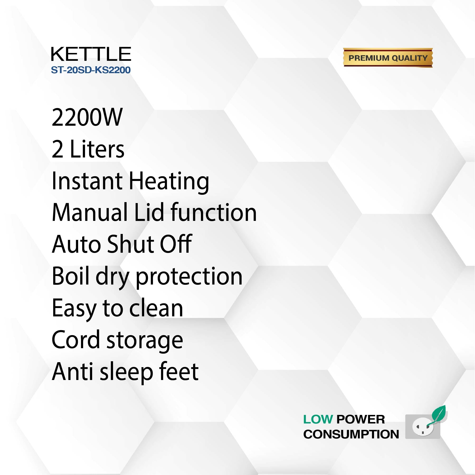 2.0L Electric Kettle, 2200W, Instant Heating, Manual Lid, Auto Shut Off, Boil Dry Protection