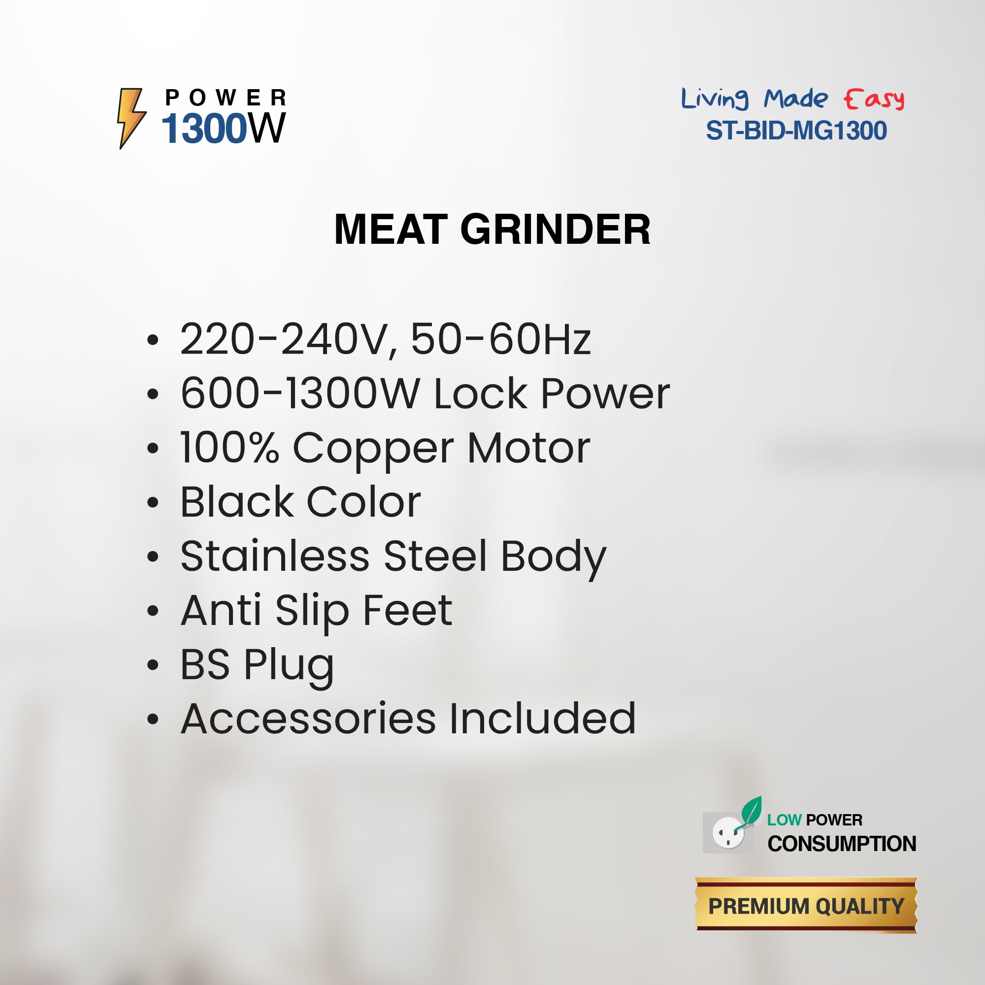 Meat Grinder, 1300W Lock Power, 100% Copper Motor, Stainless Steel Body, Sausage Nozzles & 2x Shredding/slicing Blades, Aluminum Premium Quality