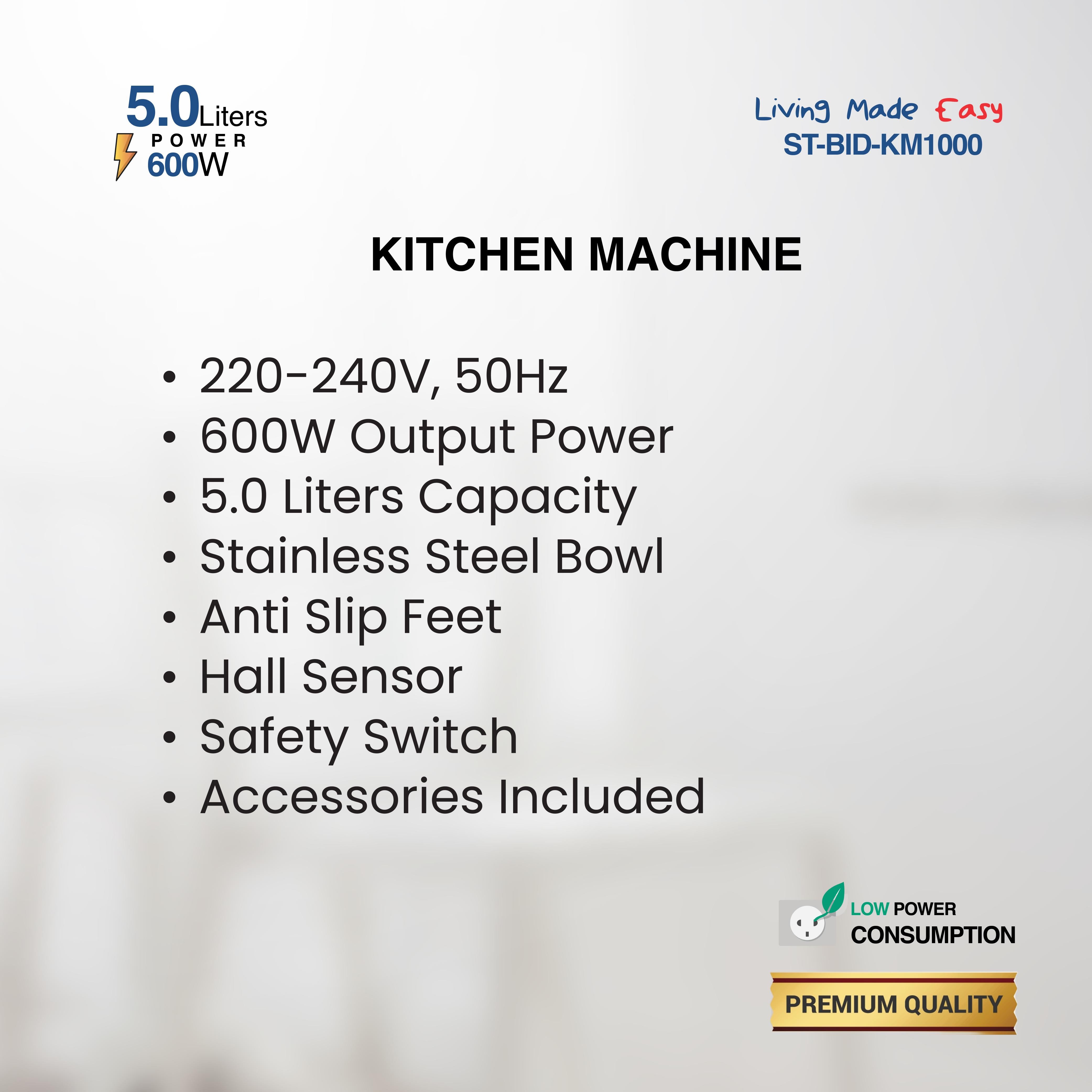 5.0L Kitchen Machine, 600W, Stainless Steel Bowl, Dough Hook, Beater & Whisk, Premium Quality