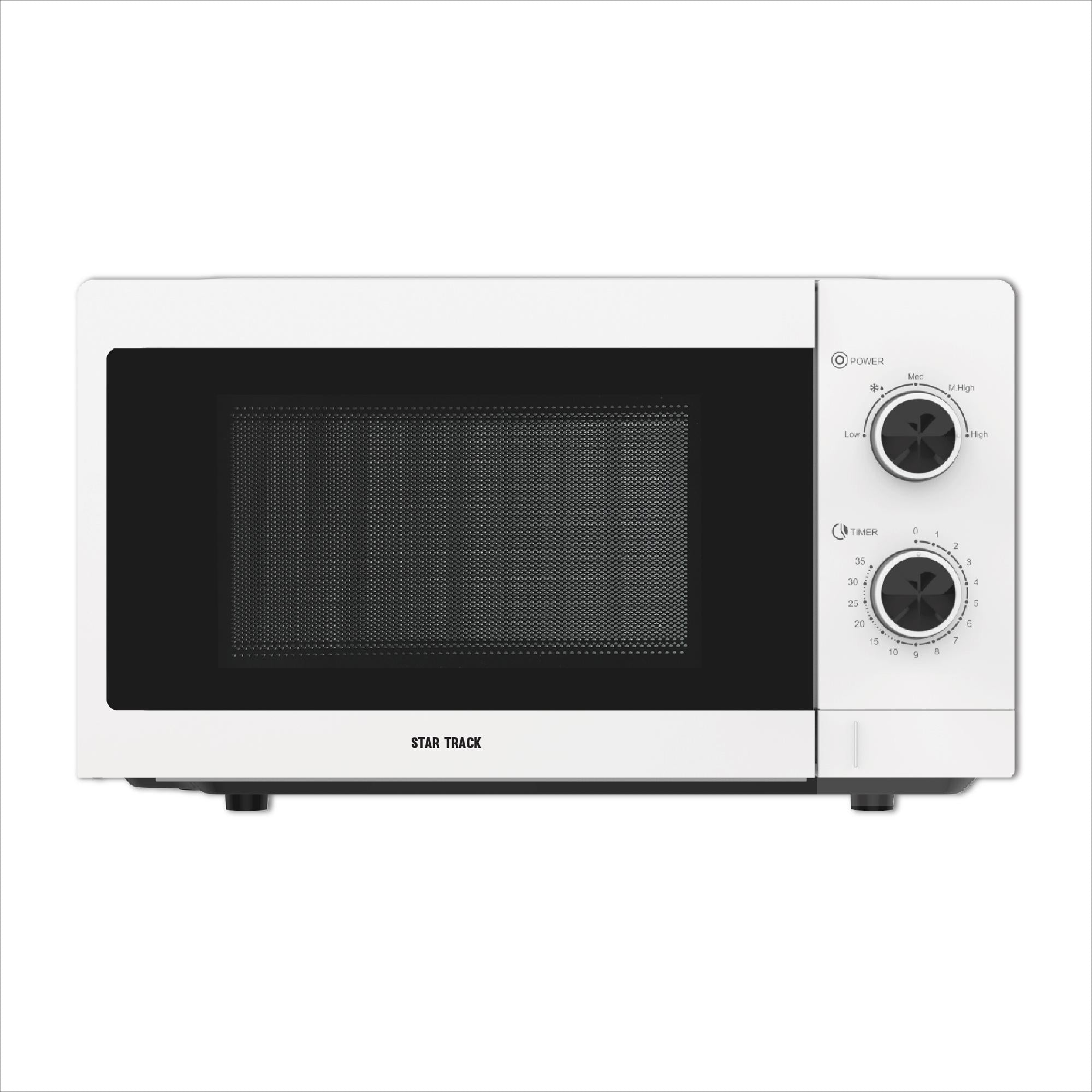 STAR TRACK 20L Mechanical Microwave Oven with 700W power, featuring white exterior, grey cavity, dual control knobs, glass door, and 255mm turntable tray. Compact countertop design with push-button operation and 5 power levels for versatile cooking.