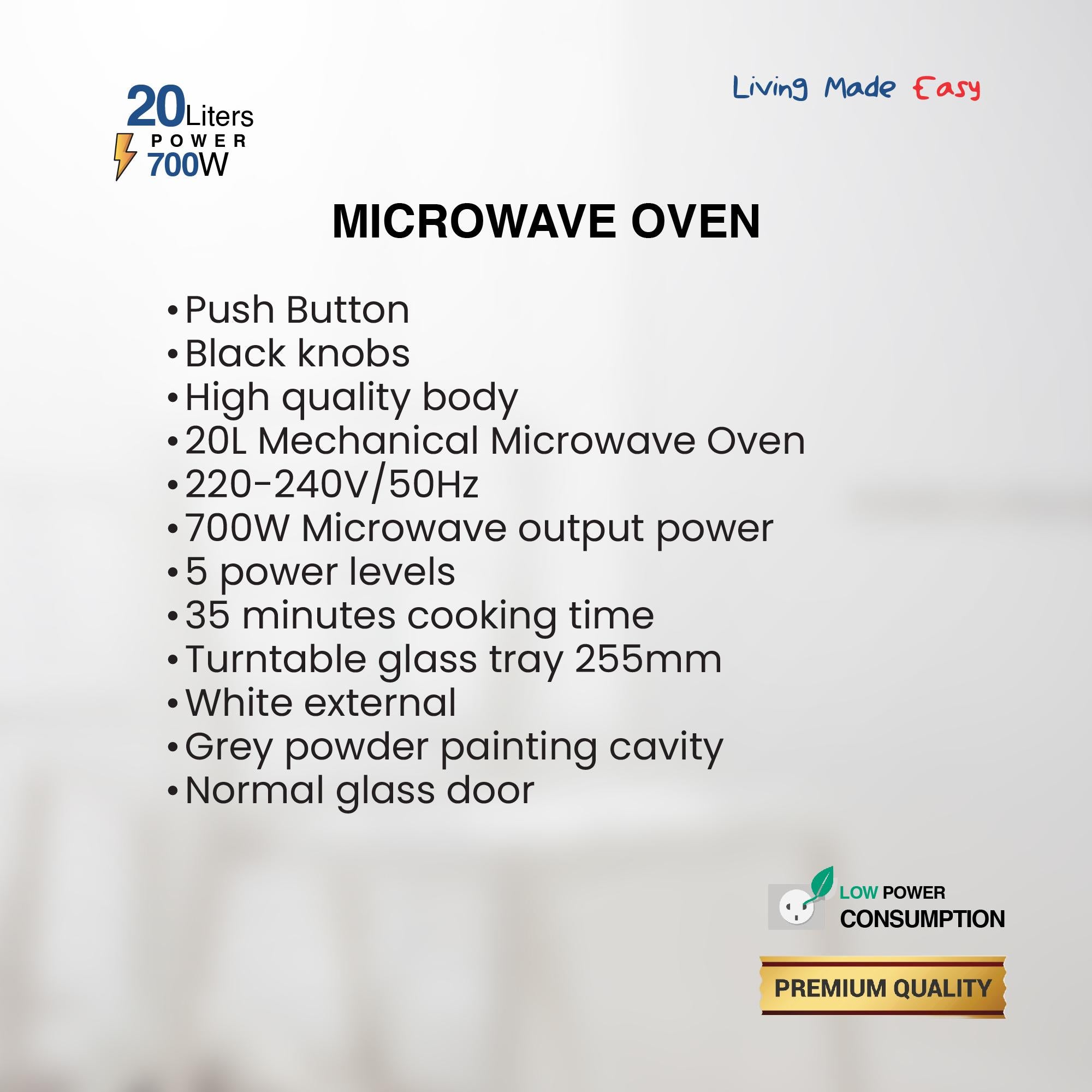 20L Mechanical Microwave Oven, 700W, 5 Power Levels, Push Button, Turntable Tray, Grey Cavity, BS Plug