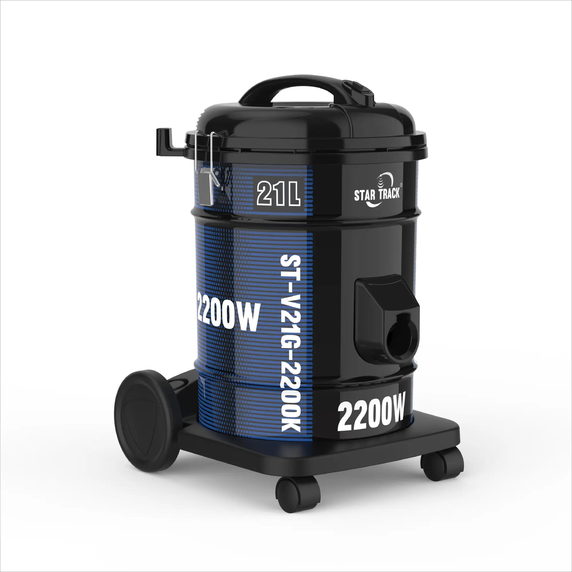 STAR TRACK 21L Vacuum Cleaner with 2200W power showing black and blue cylindrical design, featuring wheels, telescopic tube, and clear capacity markings. Product displays model ST-V21G-2200K with specifications prominently visible on the body.