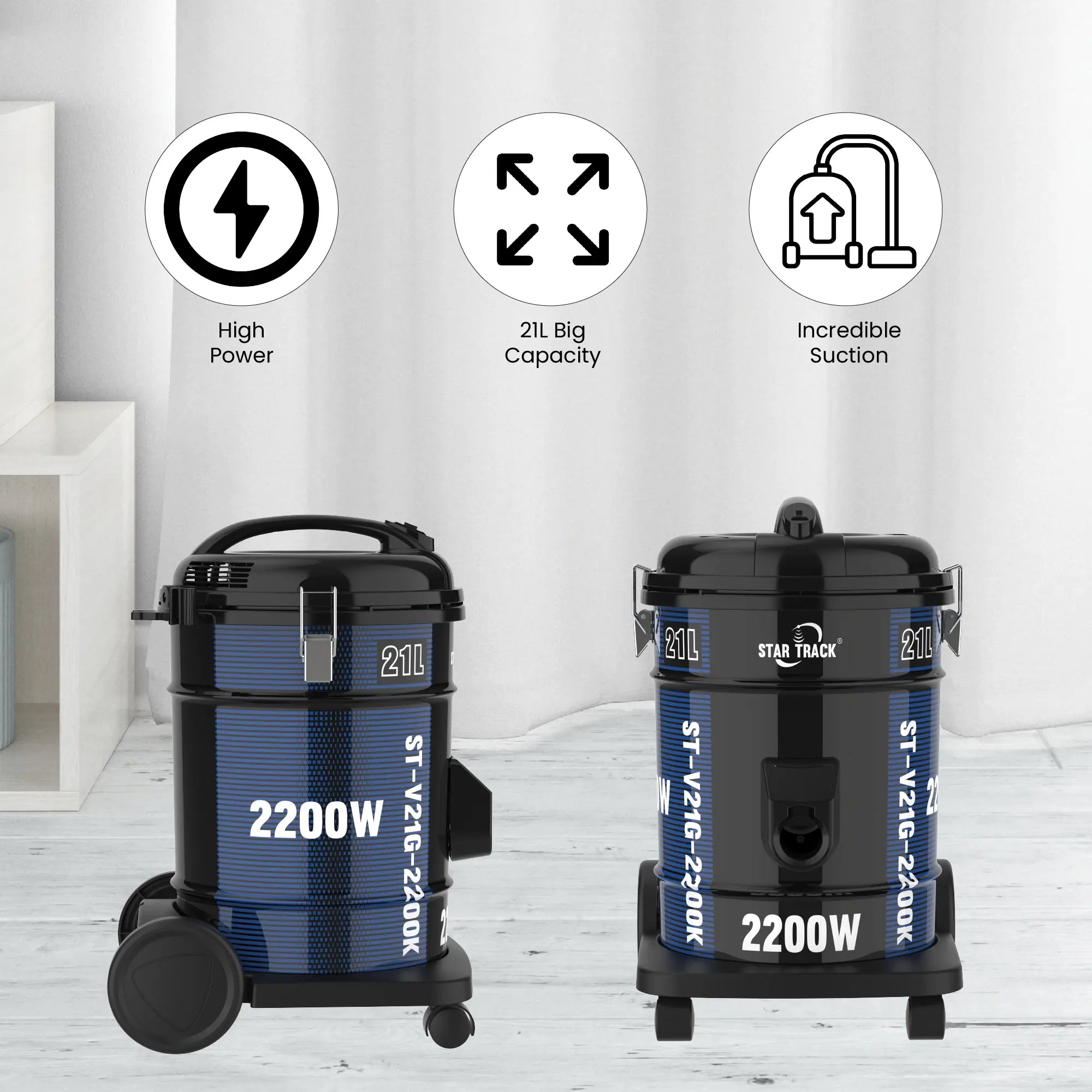 21L Vacuum Cleaner, 2200W Power, 7m Cable, Telescopic Tube, 100% Copper Motor