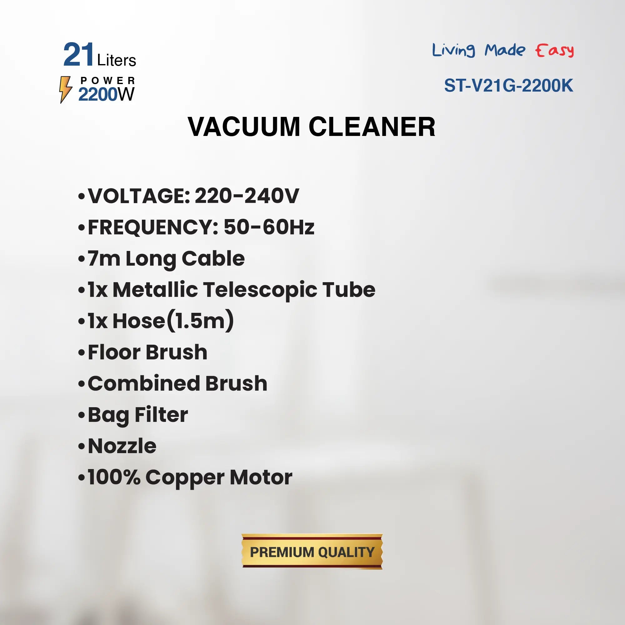 21L Vacuum Cleaner, 2200W Power, 7m Cable, Telescopic Tube, 100% Copper Motor