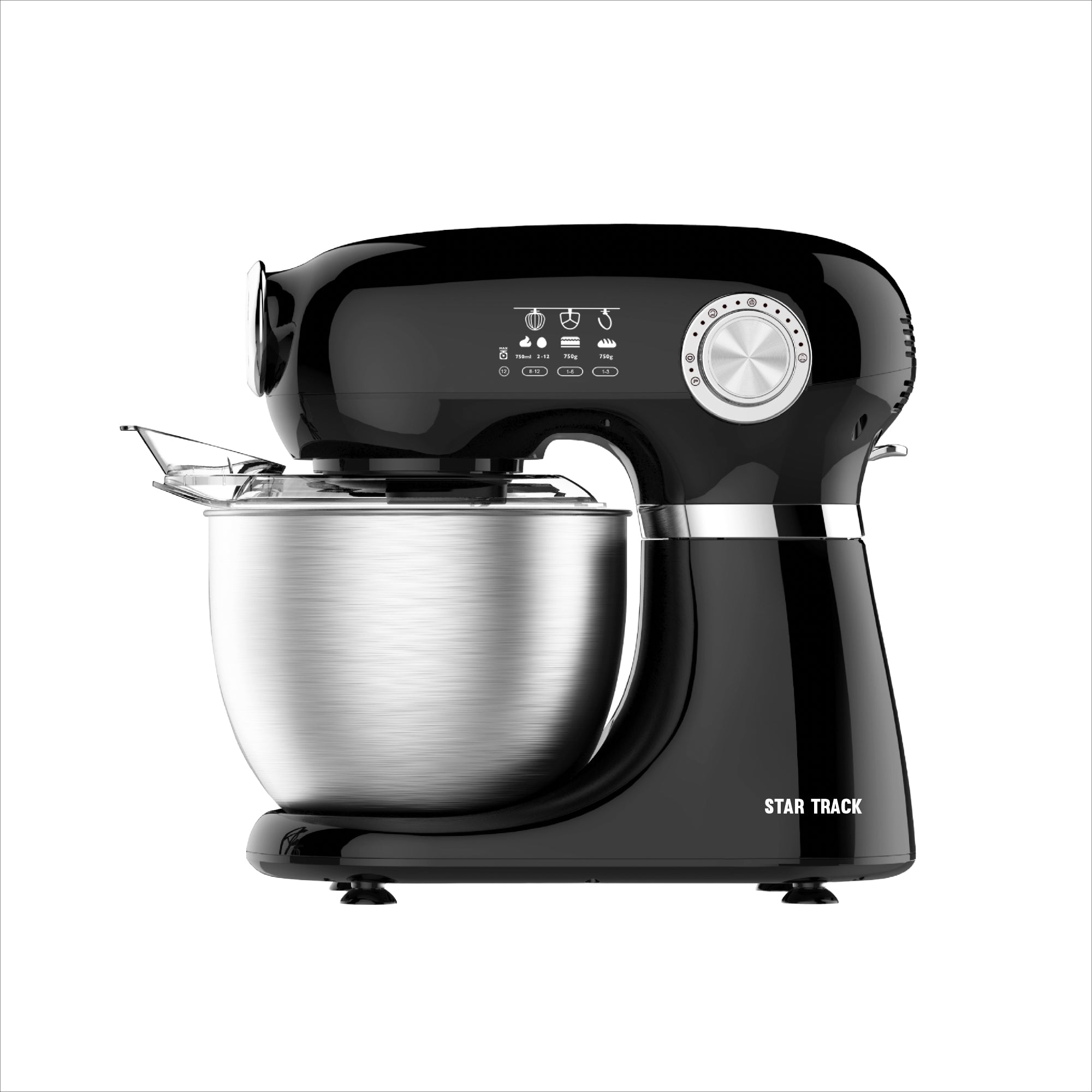 STAR TRACK 5.0L Kitchen Machine with sleek black design, featuring stainless steel mixing bowl, digital display panel, and speed control dial. Professional stand mixer with 1000W motor shown from side angle displaying modern aesthetic and robust construction.