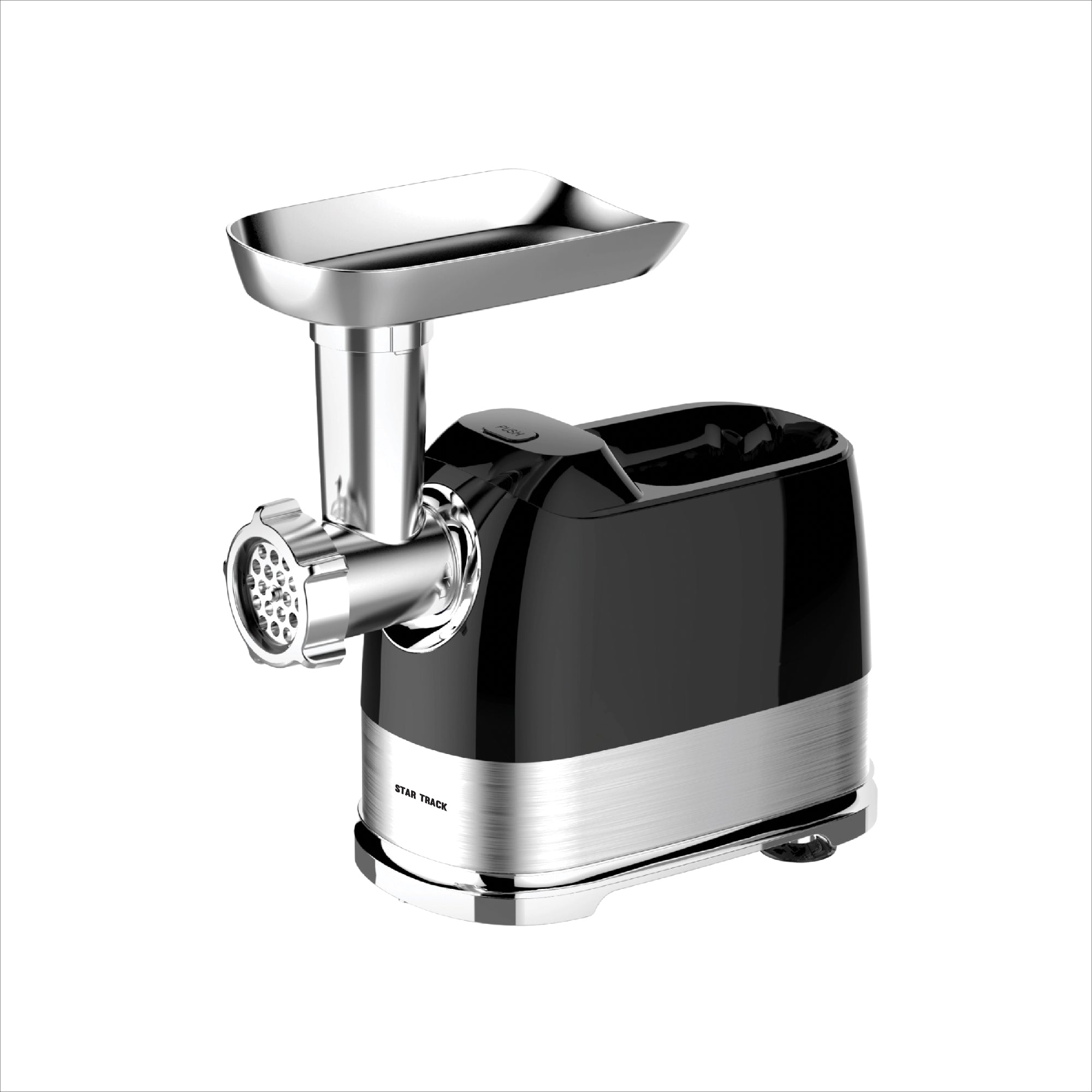 STAR TRACK Meat Grinder ST-BID-MG1300 featuring black and stainless steel design with aluminum feeding tray, meat grinding attachment, and sausage nozzles. Professional-grade electric meat grinder with 1300W copper motor and dual-purpose shredding blades.