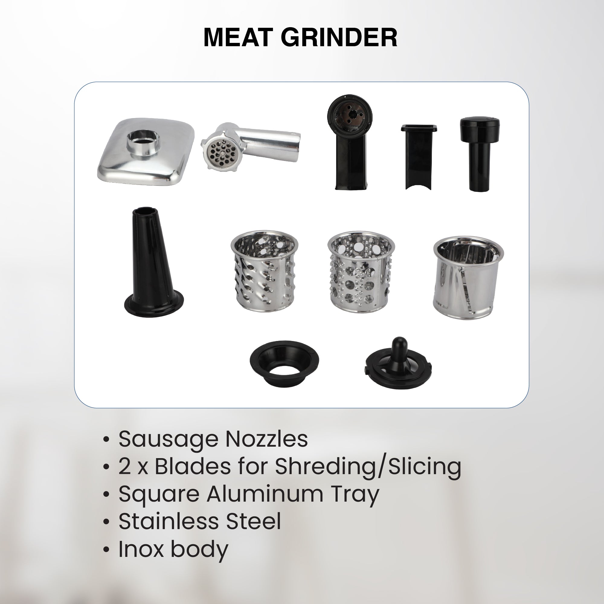 Star Track meat grinder accessories, sausage nozzles, blades for shredding and slicing, aluminum tray