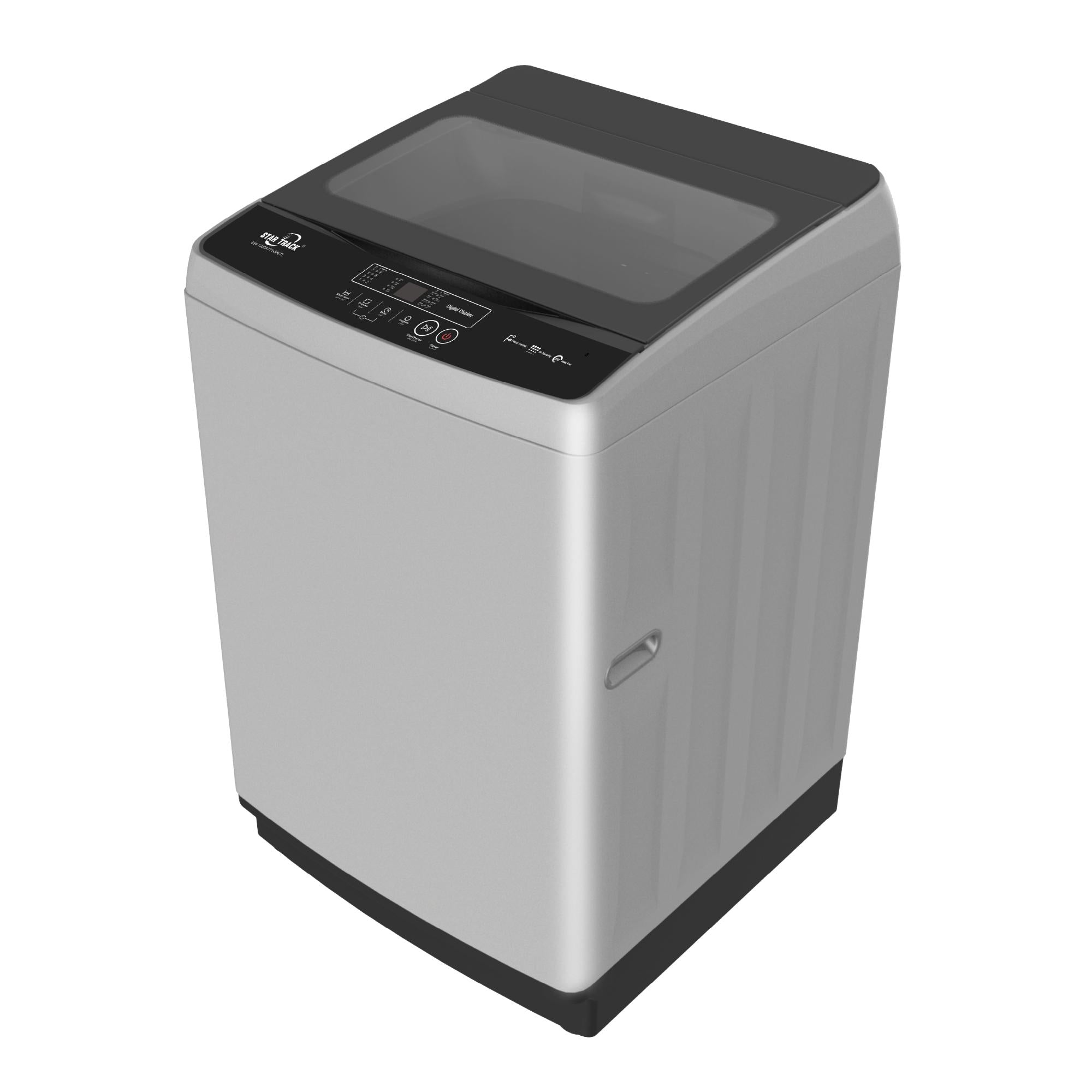 Star Track 13 KG Top Loading Fully Automatic Washing Machine with ESMA 5 Star rating, shown in sleek silver-grey finish with digital control panel, tempered glass lid, and modern design elements. Features energy-efficient technology and spacious capacity for family laundry needs.