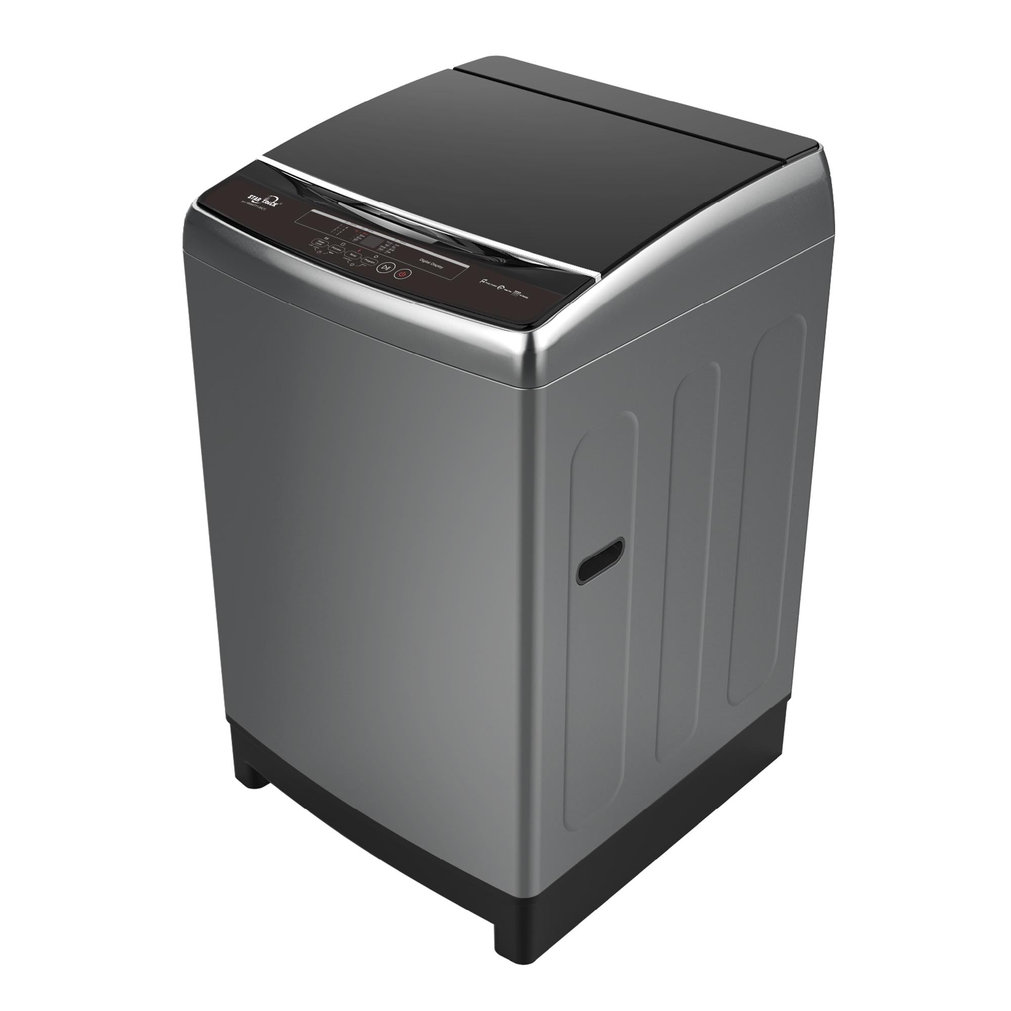 Star Track 18 KG Top Loading Fully Automatic Washing Machine in sleek titanium finish with black lid, featuring digital control panel, ESMA 5-star energy rating, and modern design suitable for large households. Premium build with tempered glass top and stainless steel tub.