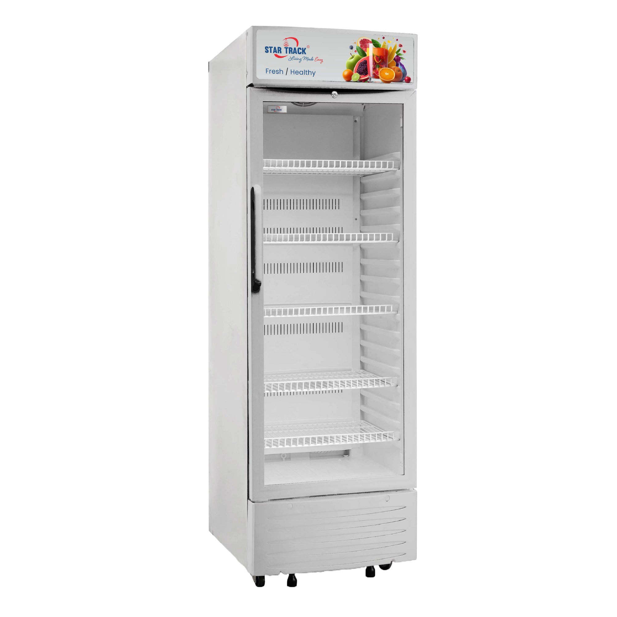 350L Freestanding Show Case Chiller Freezer featuring a tall white commercial display refrigerator with glass door, multiple adjustable shelves, interior lighting, and temperature control system for beverage storage and display. Star Track branding visible on top with colorful fruit graphics.