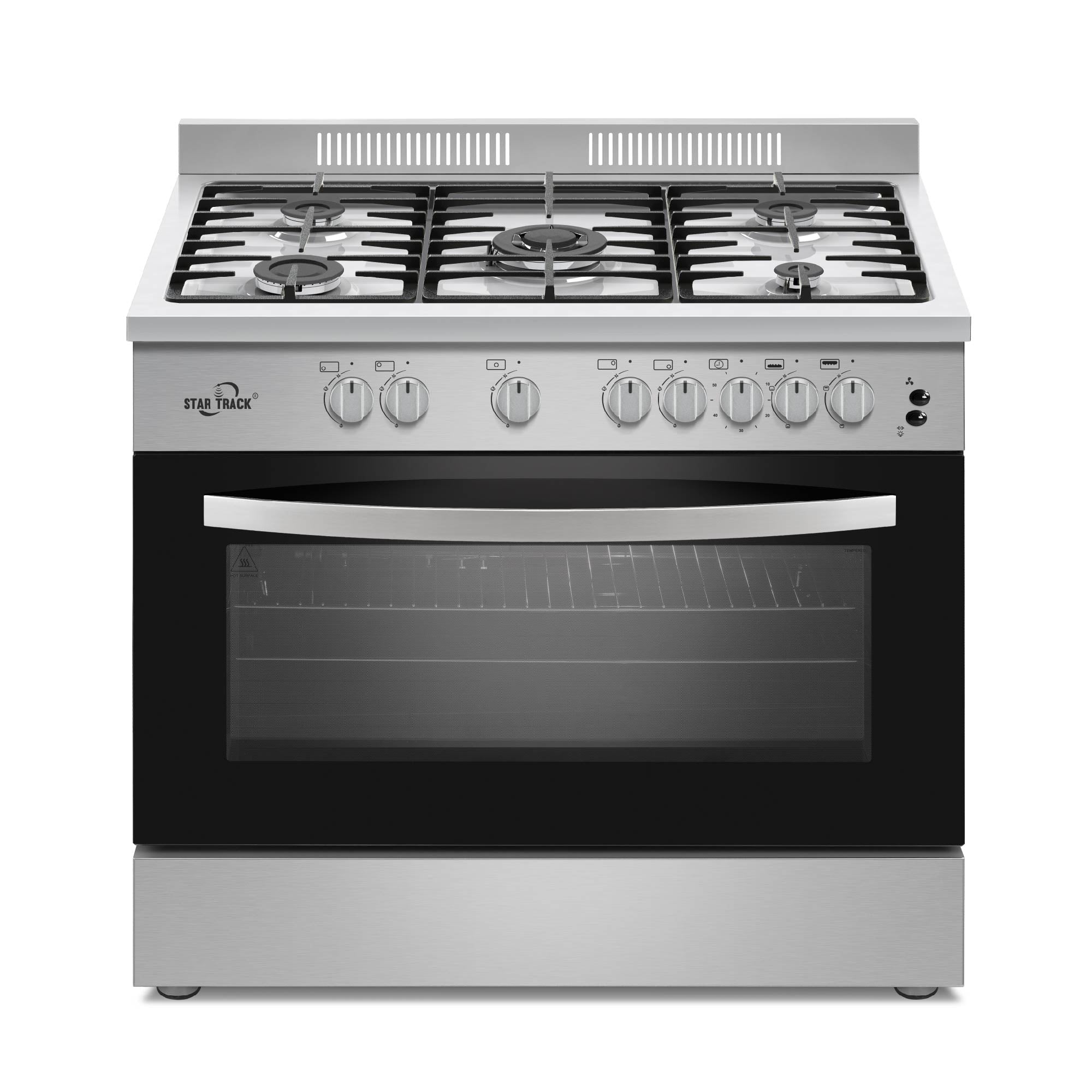 Star Track 90x60cm Semi-Professional Gas Cooker featuring 5 Sabaf burners, stainless steel design with black glass oven door, control knobs, safety features, and grill function. Modern freestanding cooker with spacious oven cavity and cast iron pan supports.