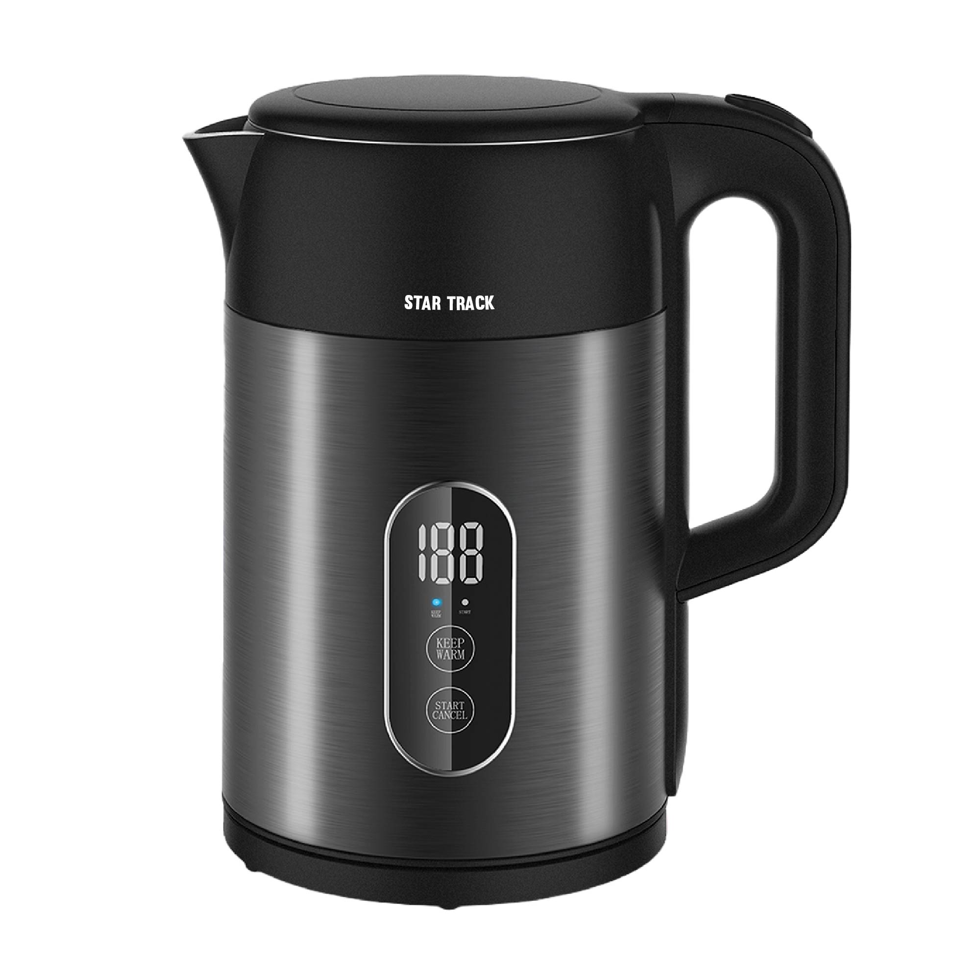 STAR TRACK 1.5L Electric Kettle featuring a sleek black and brushed steel design with digital temperature display, adjustable heat settings, and stainless steel lid. The kettle shows a modern LCD screen displaying 100 degrees, demonstrating its precise temperature control functionality.