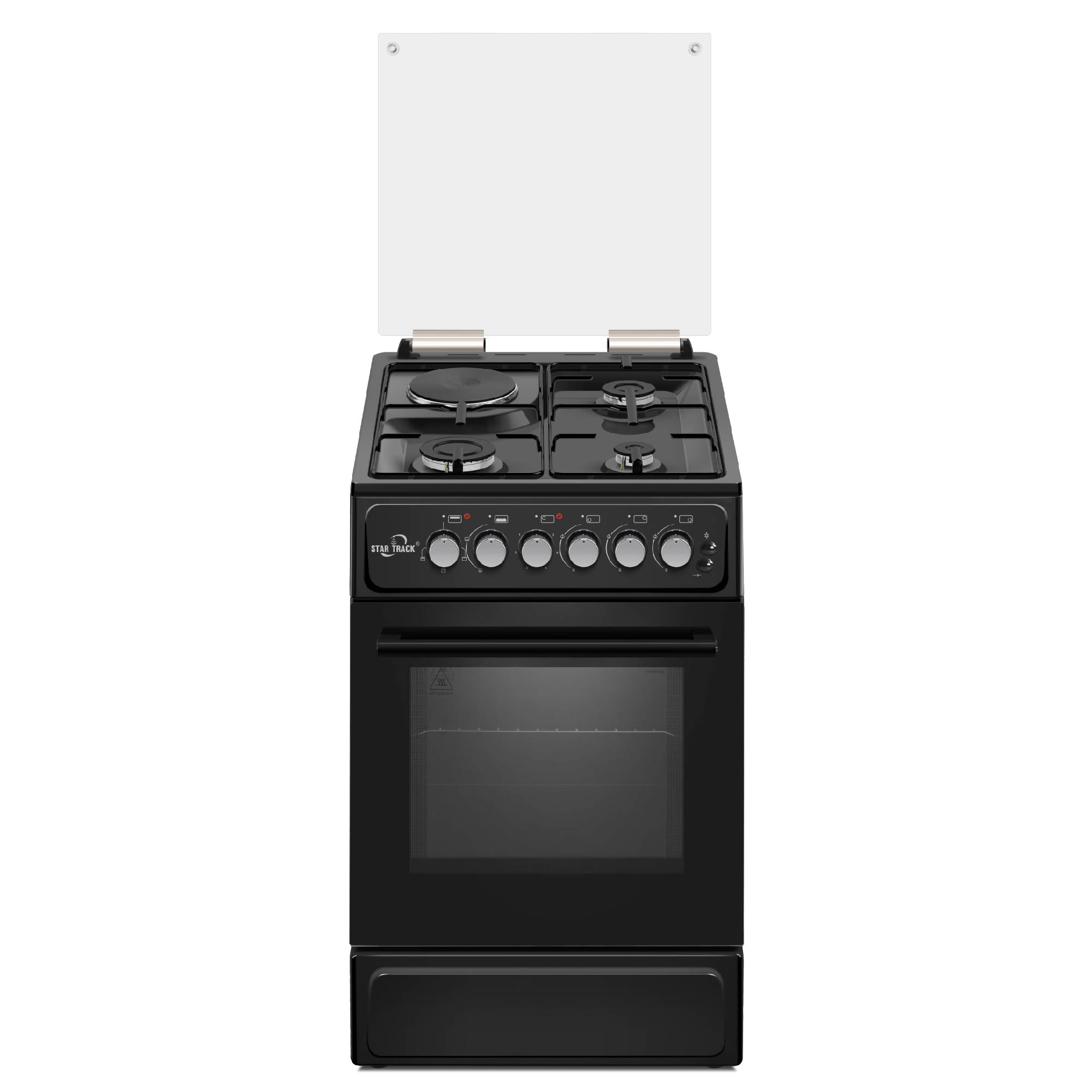 Star Track 50x60cm Freestanding Gas Cooker with 3 burners and 1 hotplate in black finish, featuring glass lid, control panel with push-button ignition, and full-size oven compartment with double-glass door and rotisserie function.