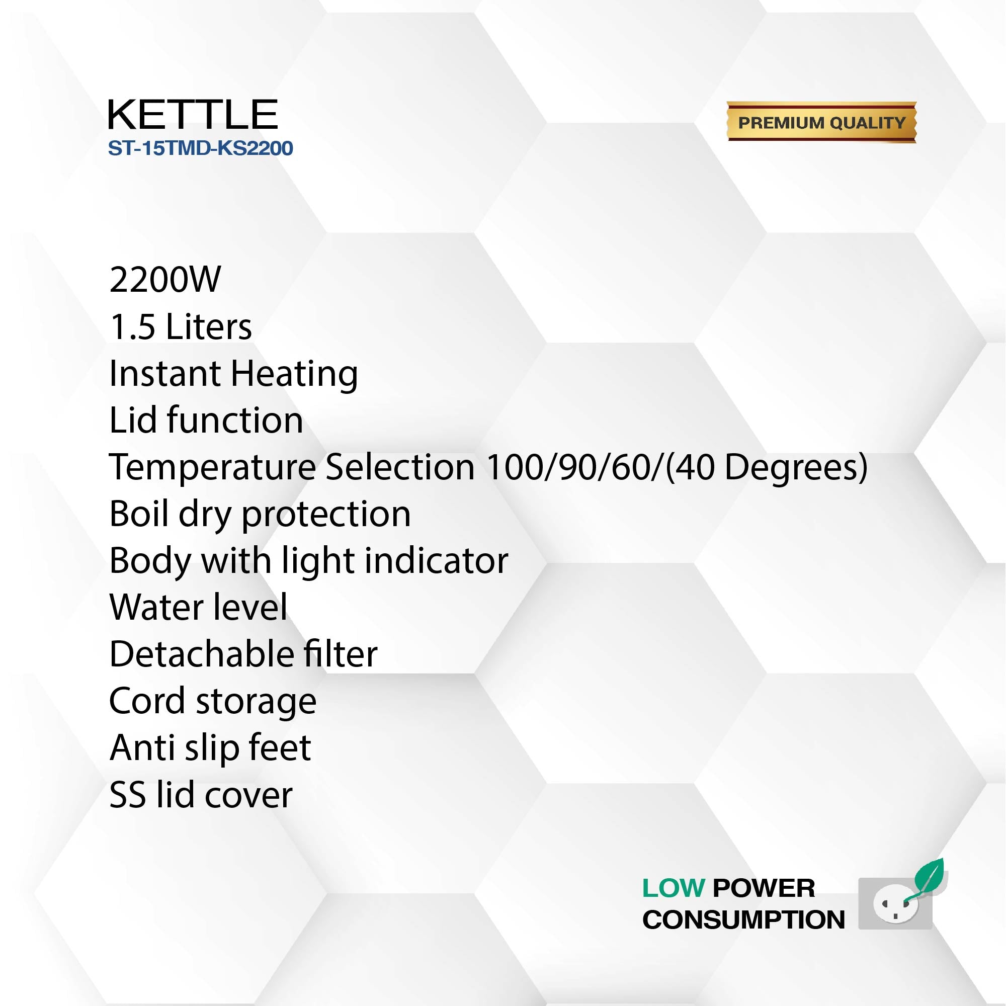 1.5L Electric Kettle, 2200W, Instant Heating, Temperature Selection, Boil-Dry Protection, and SS Lid Cover