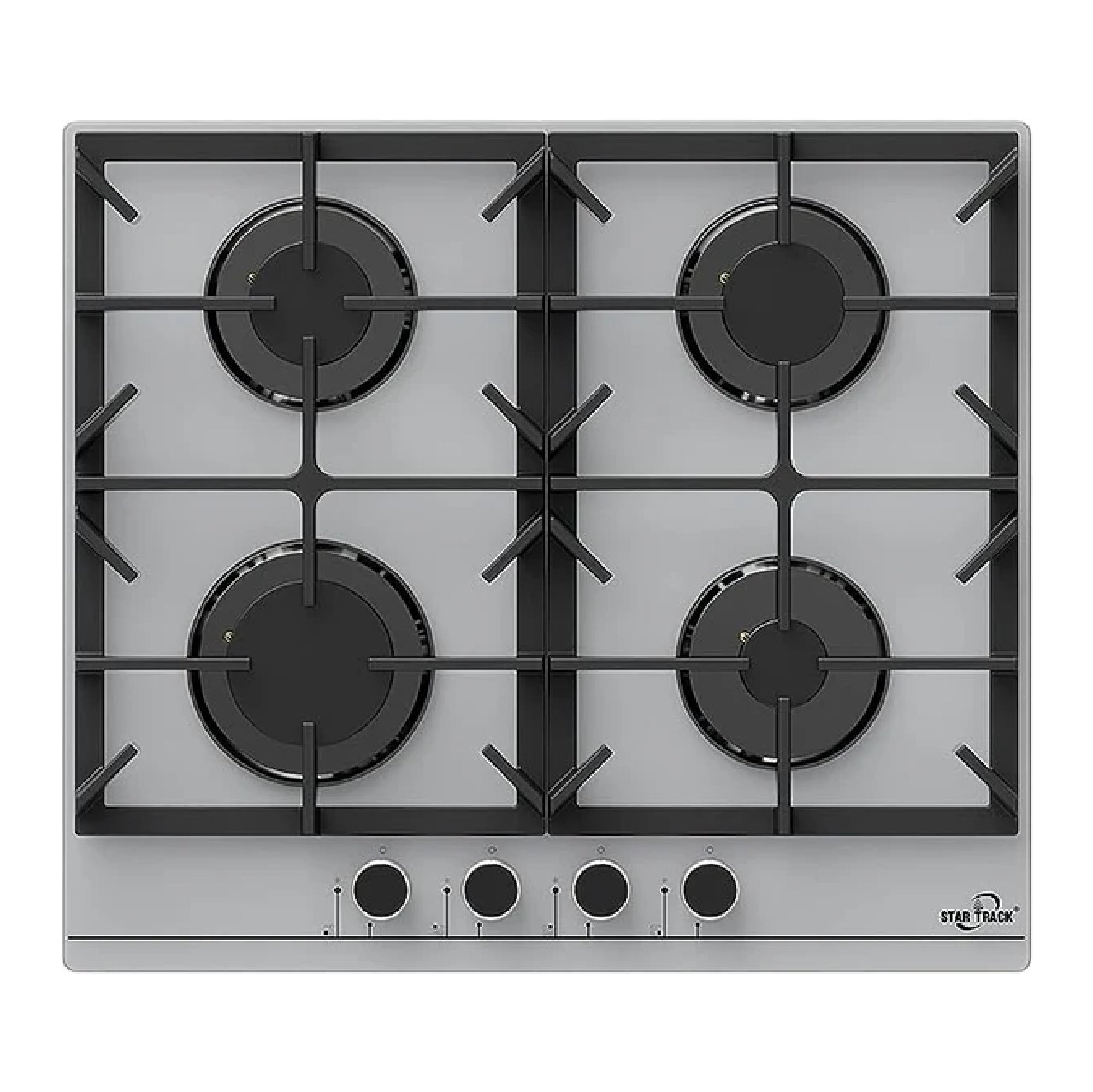 Star Track 4 Burner Built-in Gas Hob in stainless steel silver featuring four powerful burners with black cast iron supports, control knobs at bottom, and sleek modern design on brushed metal surface with auto-ignition system, made in Turkey