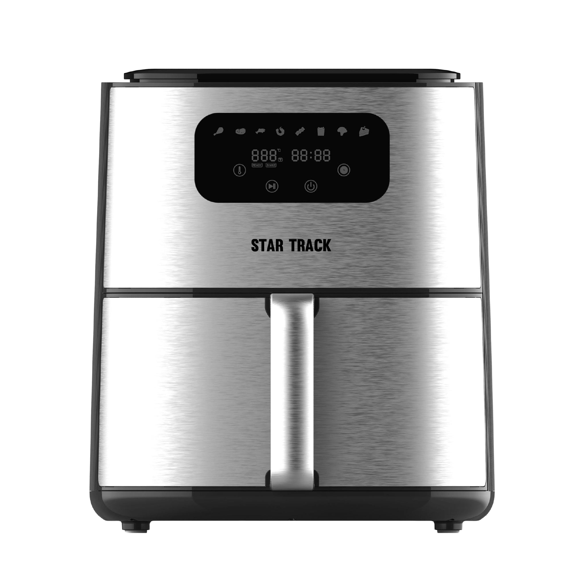 STAR TRACK 4.2L Air Fryer with 1520W power, featuring a sleek brushed silver finish, digital touch display panel, and compact design. Front view shows the modern interface and spacious cooking chamber with black and silver two-tone exterior.