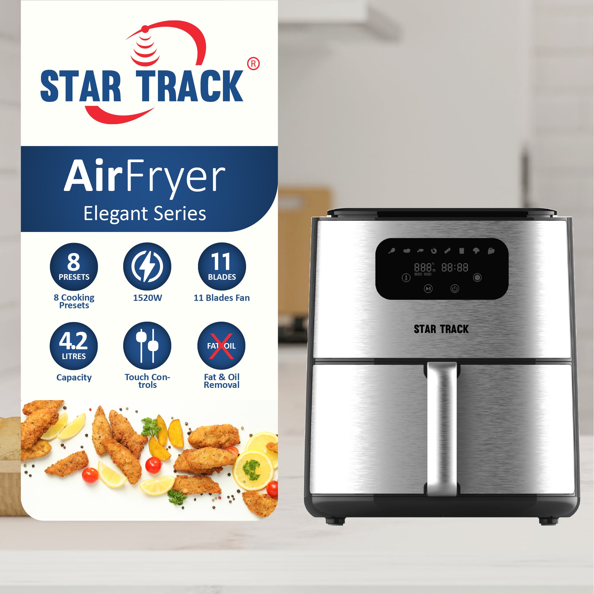 4.2L Air Fryer, 11 Blades Fan, 1520W, Touch Control Function, 8 Cooking Presets, Elegant Design