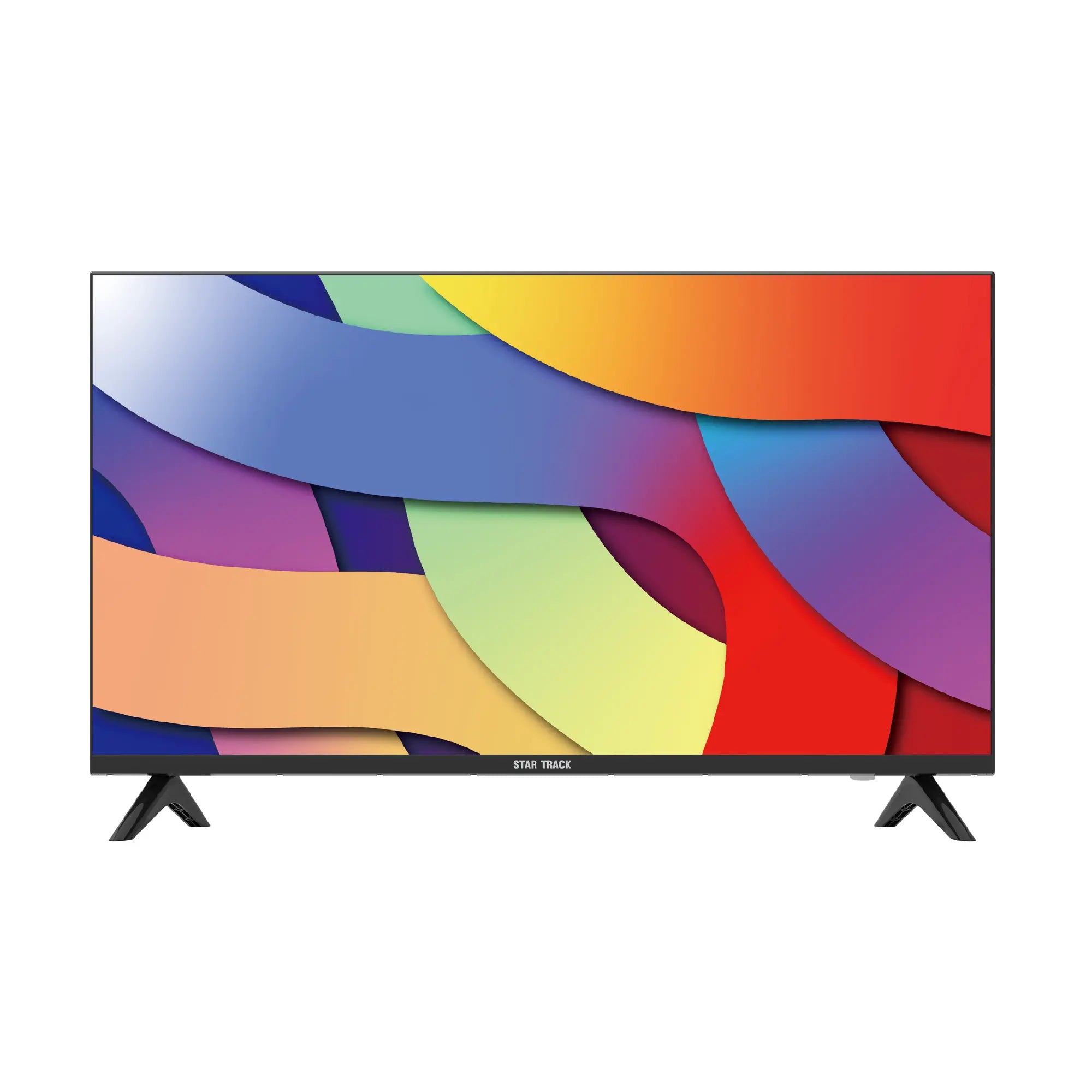 Star Track 32-inch HD LED TV with bezel-less display, featuring a sleek black frame and stand against a vibrant colorful gradient background showcasing the TV's display capabilities for HD content viewing with multiple connectivity options.