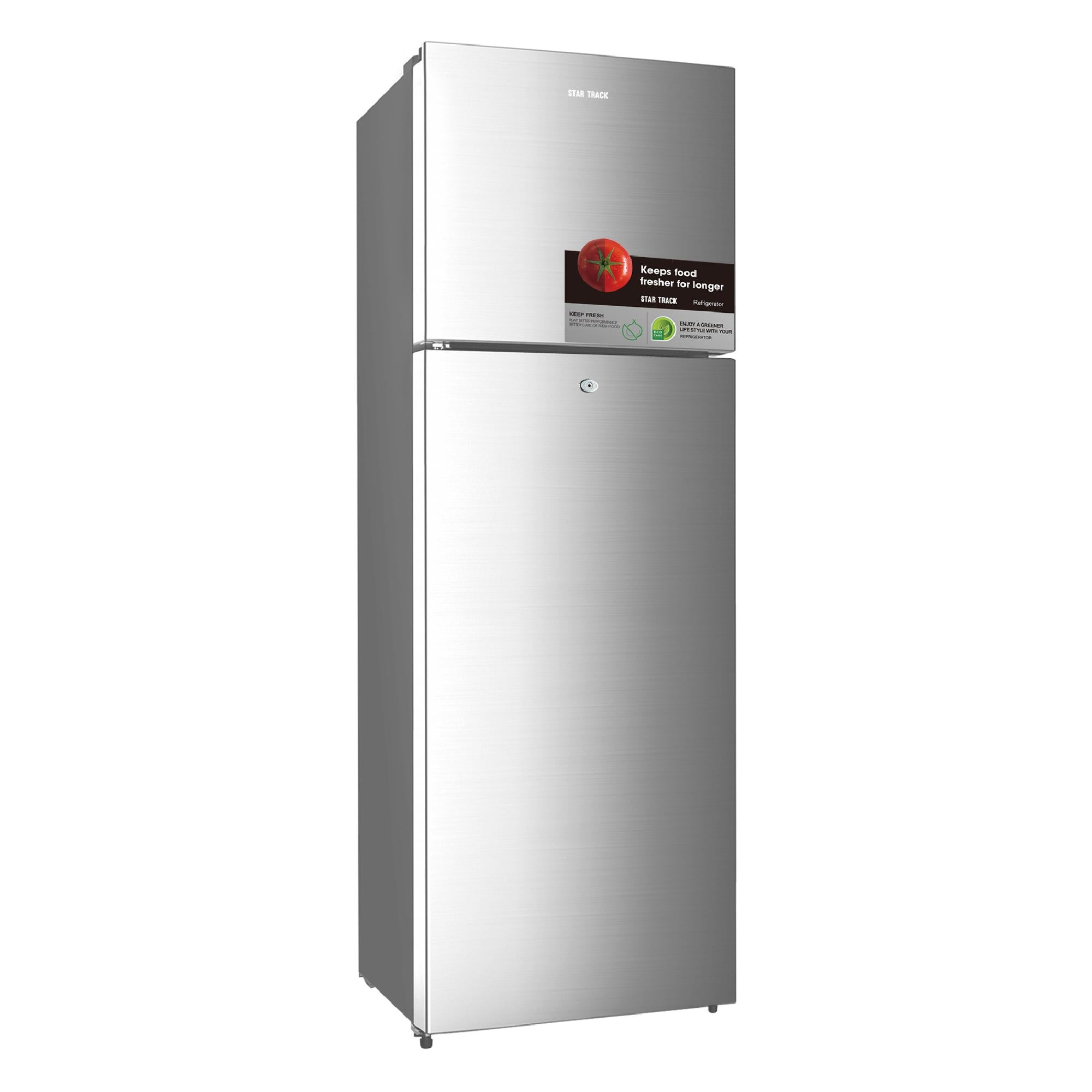 320L Star Track Top Mount Refrigerator in sleek silver finish, featuring dual doors with modern design. No-frost technology refrigerator with electronic control panel and energy-efficient LED display. Includes adjustable glass shelves and door balconies for optimal storage organization.
