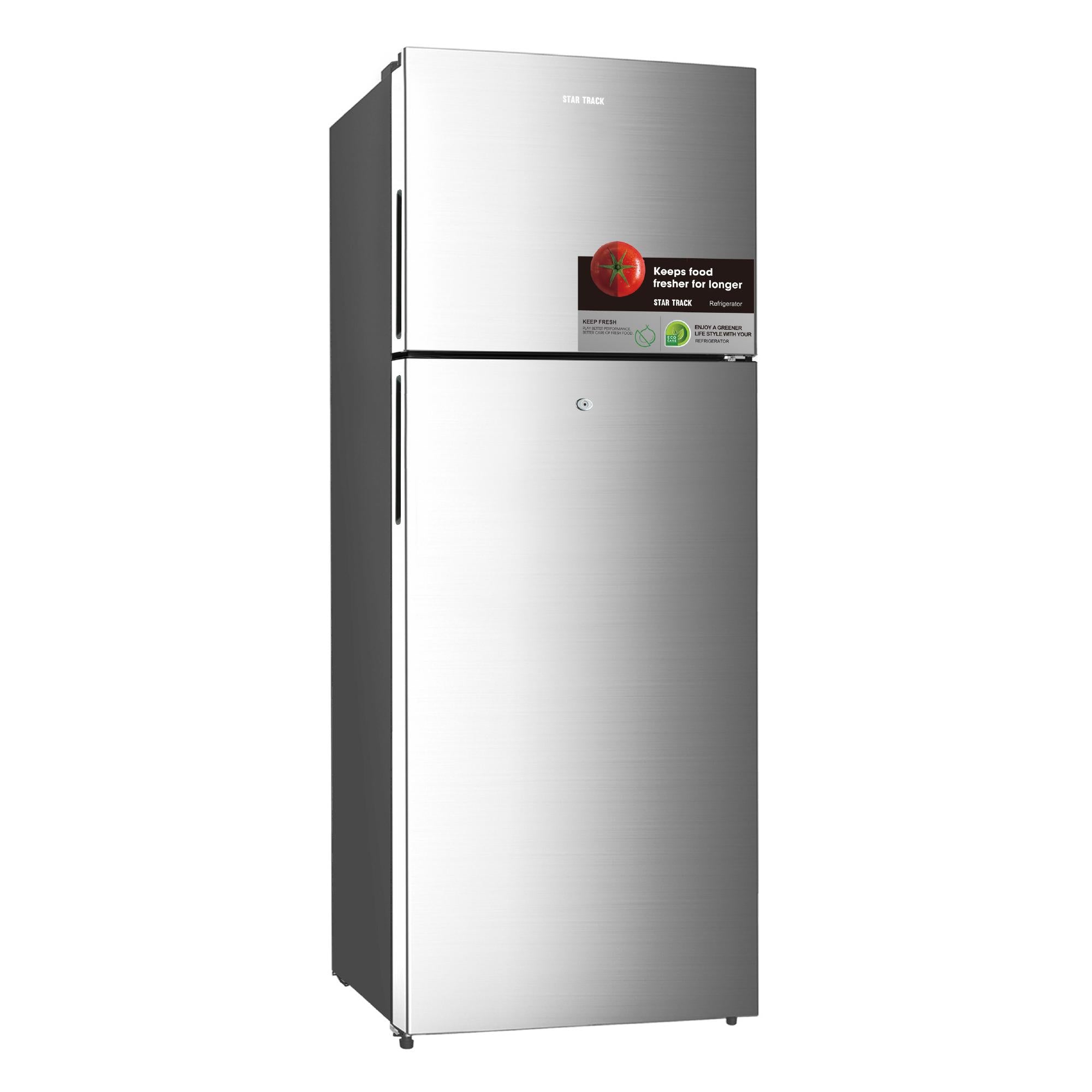 STAR TRACK 470L Top Mount Refrigerator with sleek stainless steel finish, featuring dual doors, no-frost technology, and energy-efficient design. Modern refrigerator displaying brand sticker and eco-friendly certification label on its exterior.