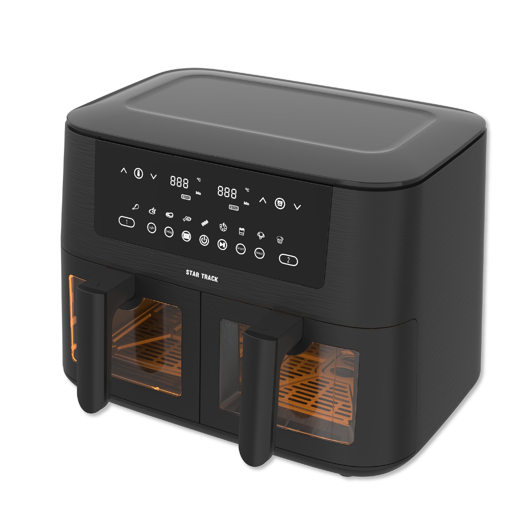 10L Air Fryer with dual compartment design, featuring modern black exterior, LED digital display, touch controls, dual cooking baskets with transparent windows, and orange interior racks. STAR TRACK model ST-AF3040-TB100 with 3040W power and 9 cooking presets.