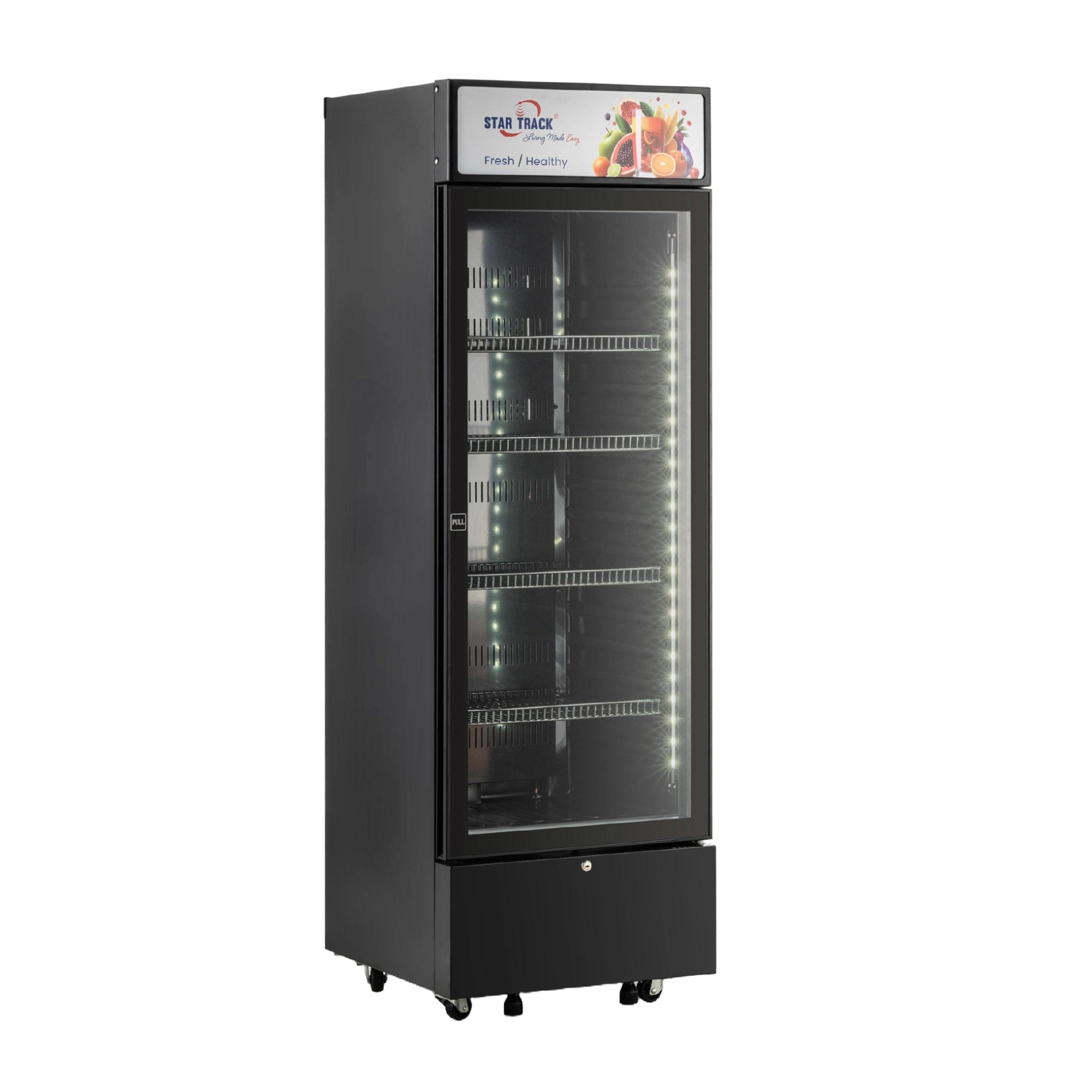 350L Freestanding Black Show Case Chiller Freezer featuring a sleek glass door display, LED-illuminated interior with 4 adjustable shelves, temperature control system, and automatic defrost function. Black commercial refrigerator with Star Track branding on top.