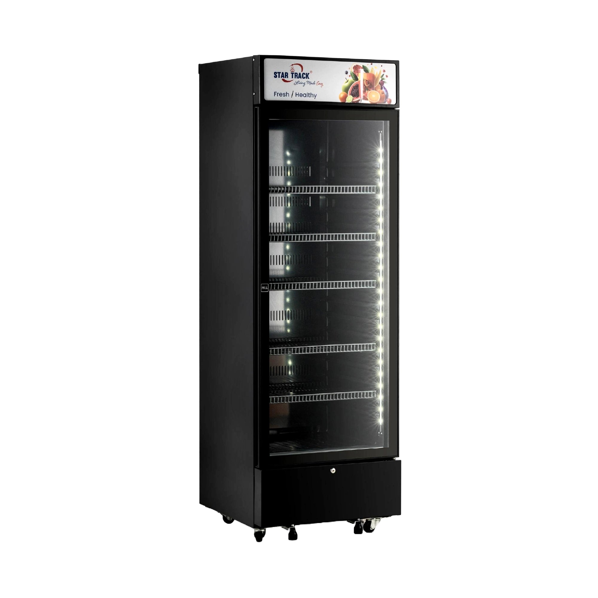 450L Freestanding Black Show Case Chiller Freezer featuring a sleek glass door, 5 adjustable shelves with LED interior lighting, temperature control display panel, and mounted on wheels for easy mobility. Black frame commercial beverage refrigerator with Star Track branding on top.