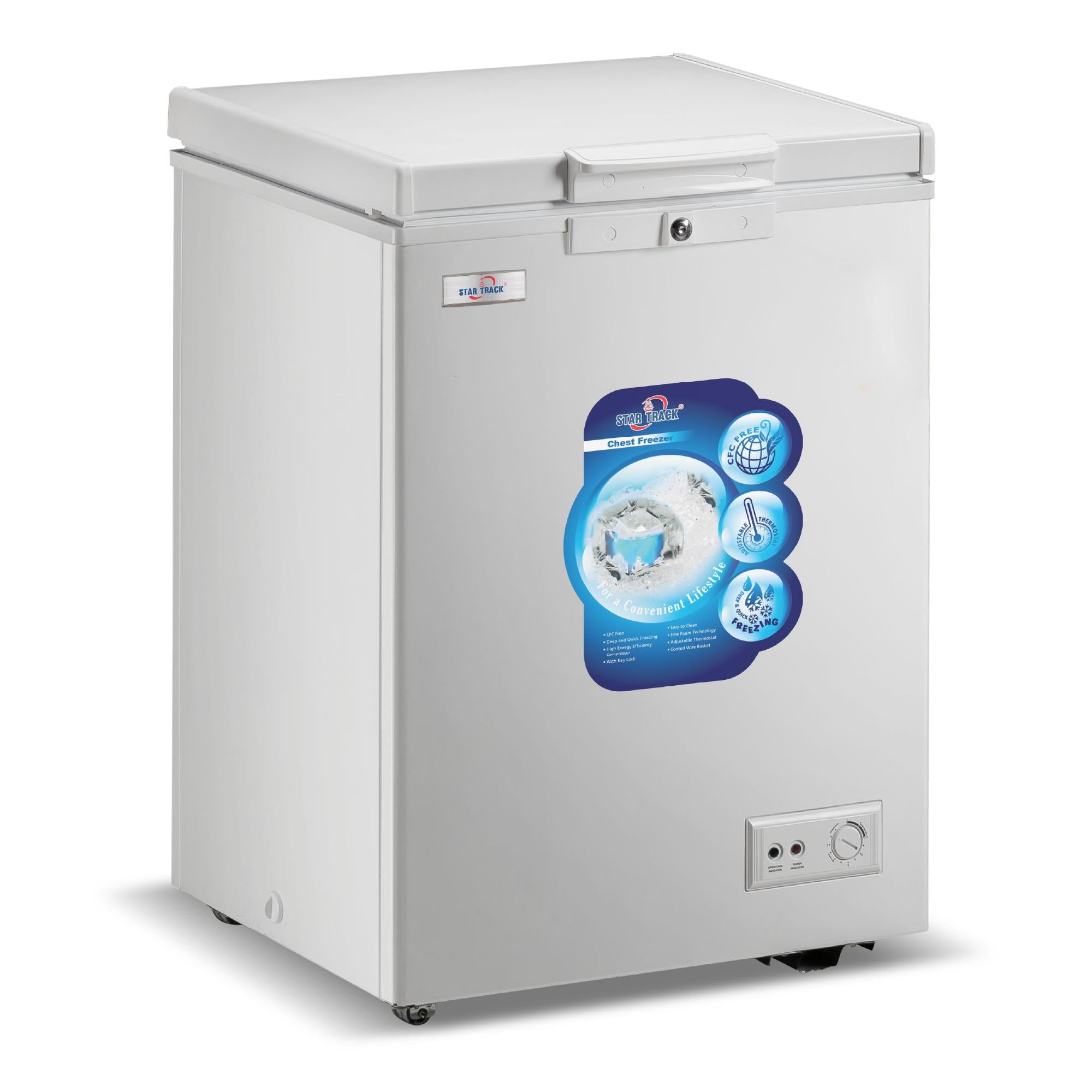 A white Star Track 150L chest freezer with a closed lid and a label displaying features such as energy efficiency and spacious capacity.