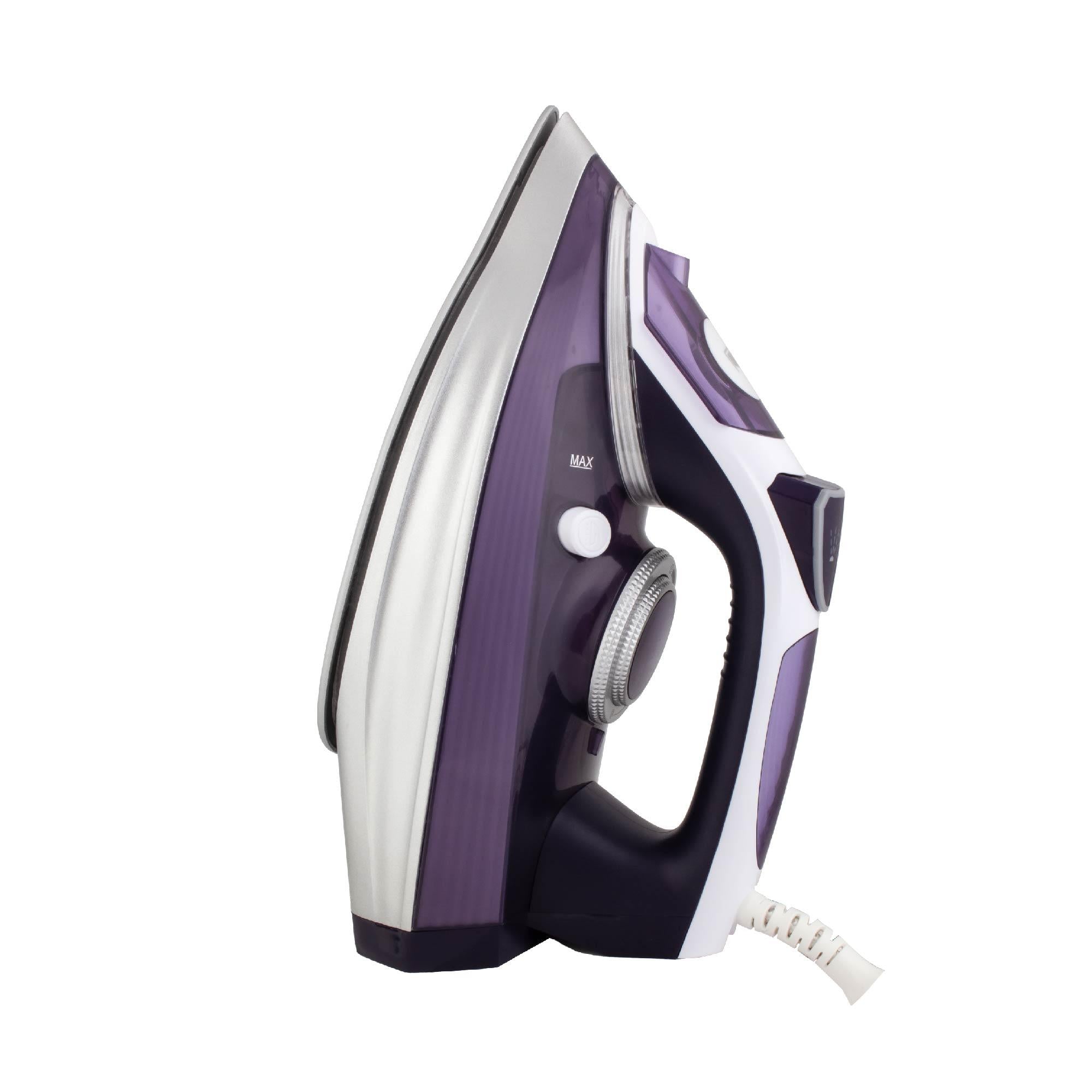 STAR TRACK 3000W Steam Iron with double ceramic coating shown in elegant purple and white design, featuring ergonomic handle, transparent water tank, and precision temperature control dial. Self-cleaning, auto-shutoff steam iron with anti-drip functionality for professional ironing results.