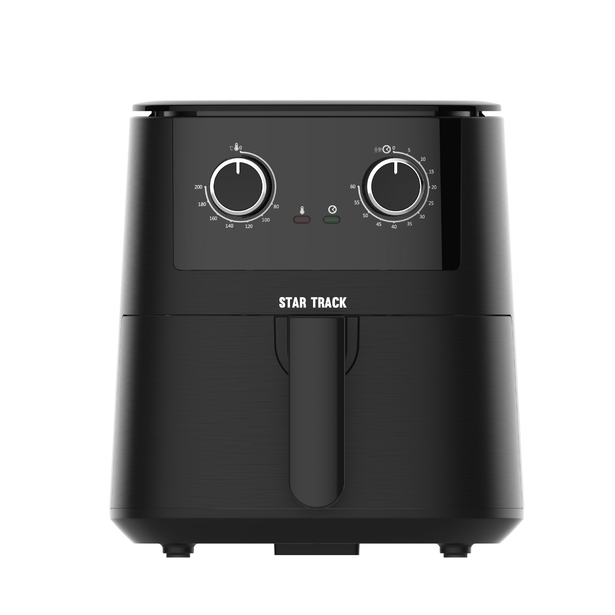 4.2L Air Fryer 1400W showing sleek black exterior with mechanical dual-dial control panel, removable basket, and Star Track branding. Features modern square design with rounded edges and compact footprint ideal for countertop use.