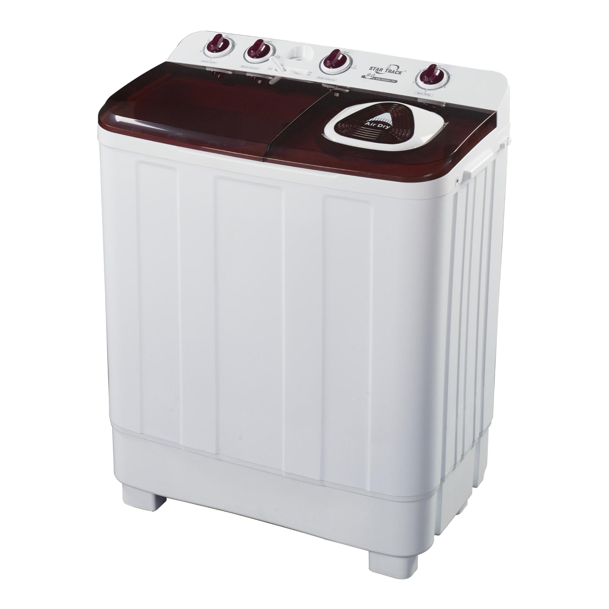 Red Twin-tub Semi-Automatic Washing Machine with white cabinet and burgundy top lid, featuring four control knobs, Star Track branding, and lint filter. Energy-efficient top-loading design with separate wash and spin compartments for versatile laundry care.
