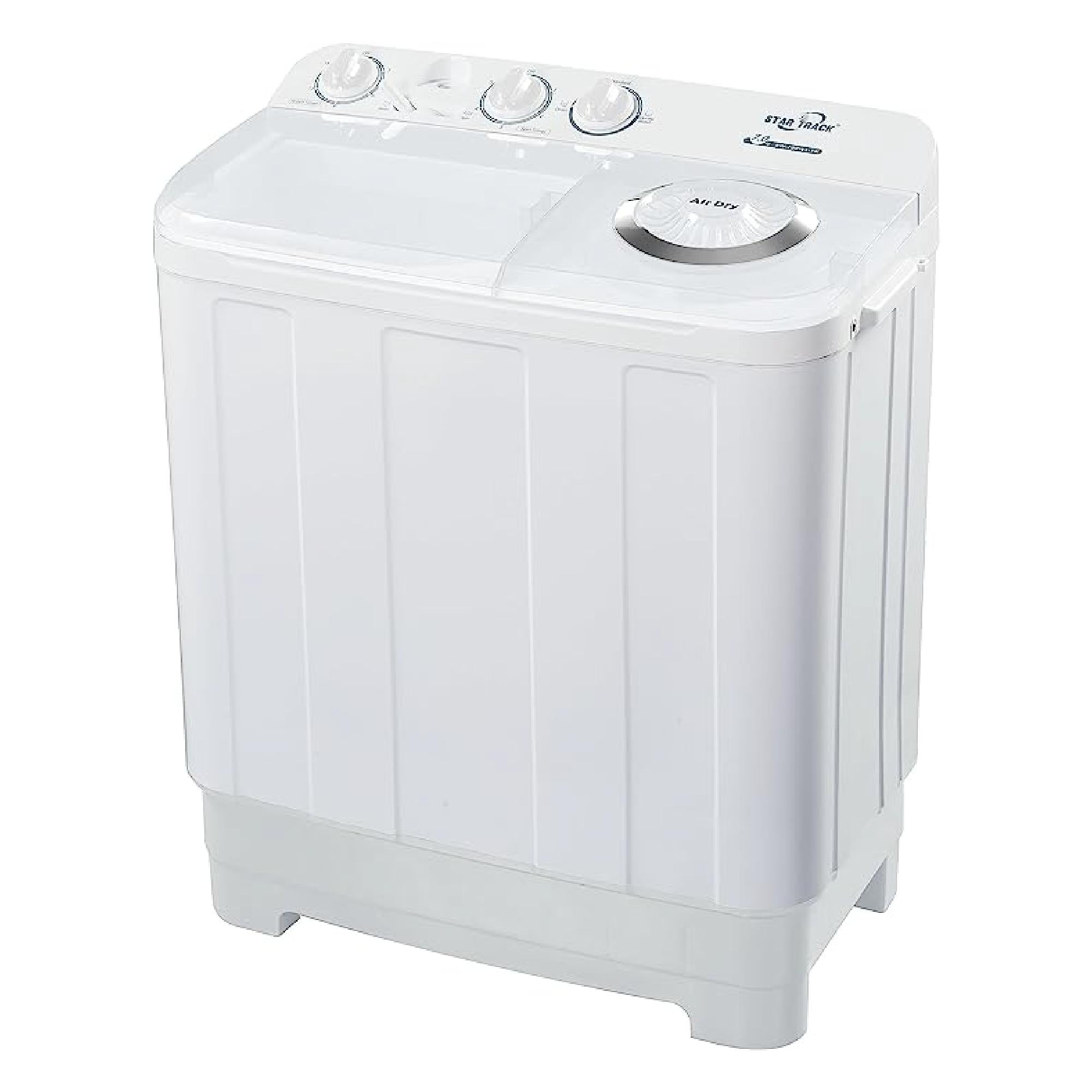 White Twin-tub Semi-Automatic Washing Machine featuring dual compartments for washing and spinning, with mechanical control dials on top, transparent lid, and compact design in pristine white finish, ideal for efficient home laundry use.