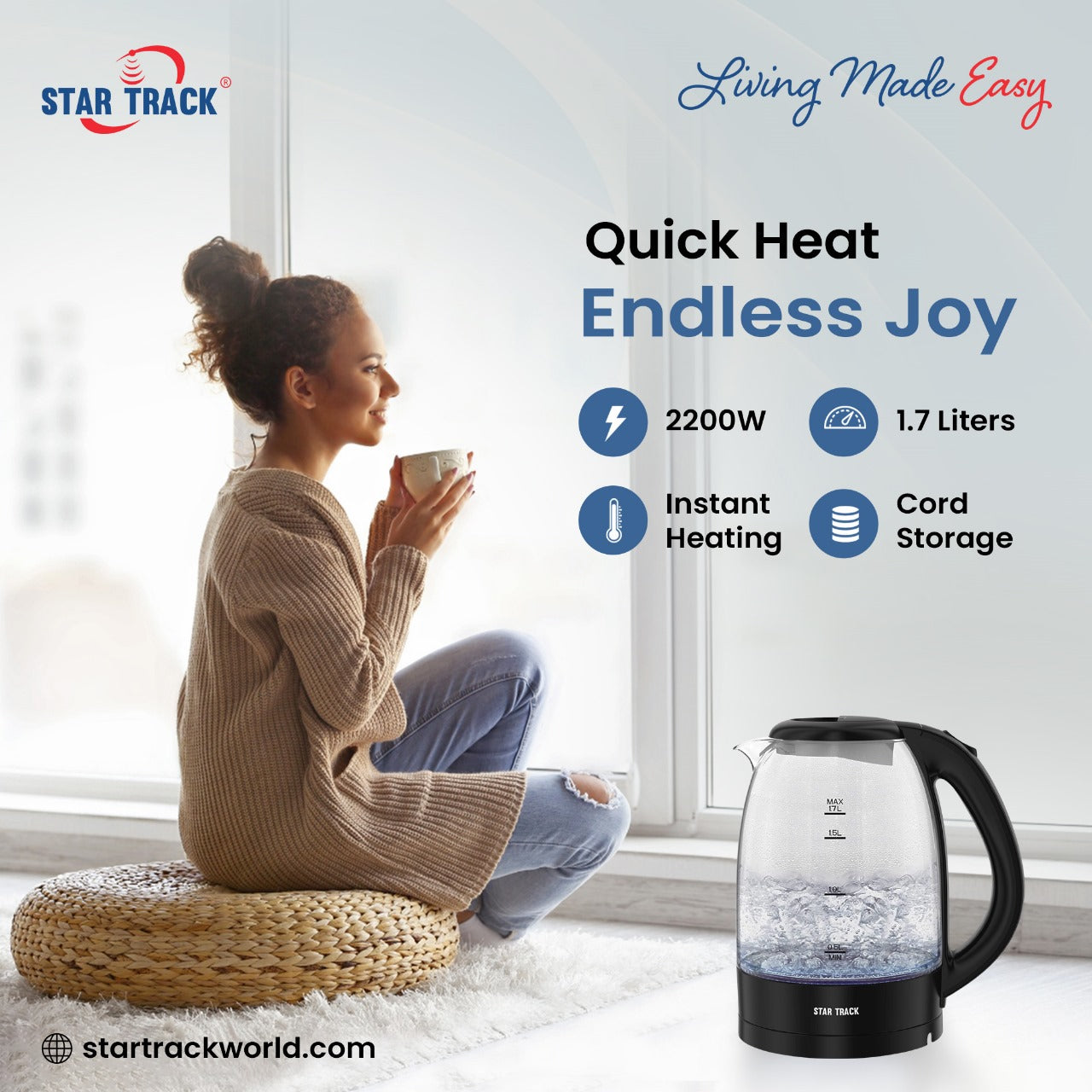 1.7L Electric Kettle, 2200W, Instant Heating, Auto Shut Off, Transparent Glass Body with LED Indicator