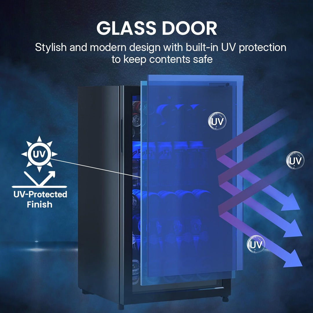 Stylish refrigerator with glass door and UV protection feature on a dark background