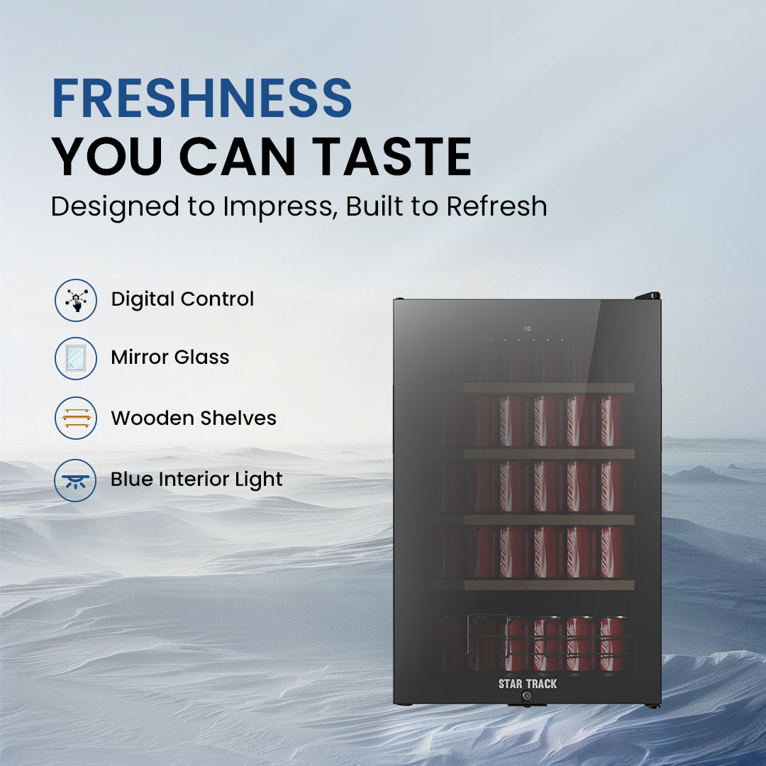 115L Beverage Cooler, Mirror Glass Door, Security Lock, 4 Wooden Shelves, Blue Interior Light β Sleek & Secure Storage