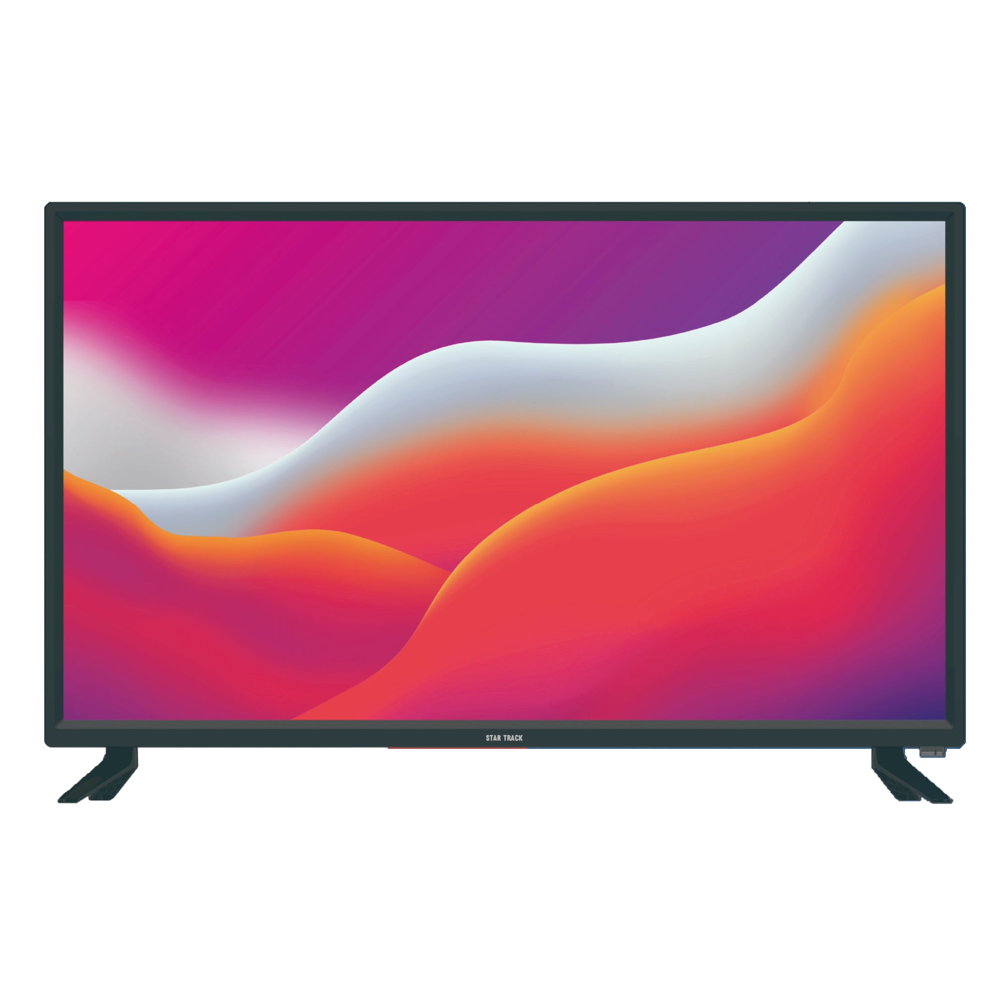 24-inch LED TV with HD Ready display showing vibrant gradient waves in pink, purple, orange, and white colors against black bezel frame. Star Track television model featuring surround sound and multiple connectivity options for enhanced viewing experience.