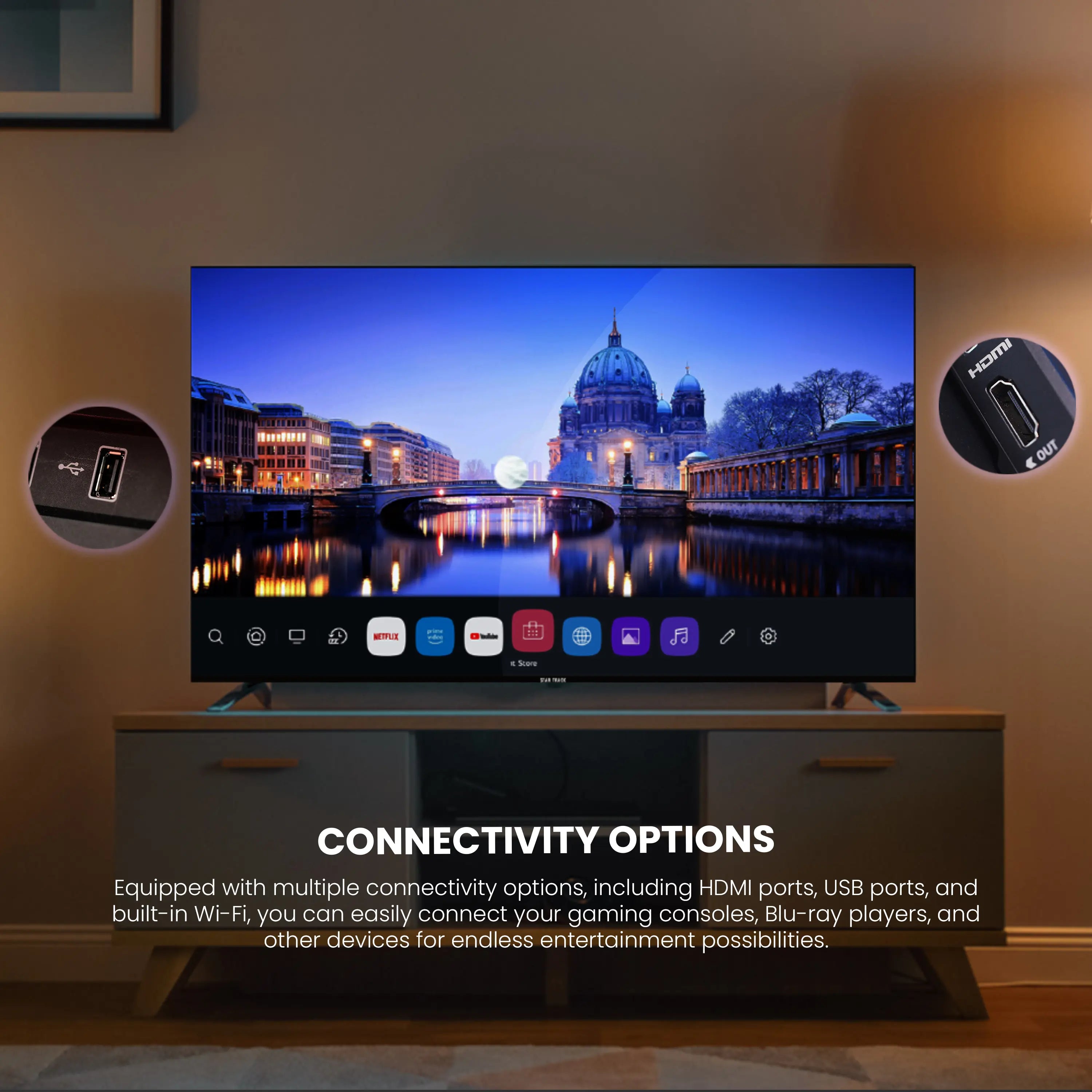 Star Track 4K Smart TV displaying webOS Hub interface with app icons for streaming services, featuring bezel-less design and sleek black frame. Home screen shows Live TV, Alexa, Netflix, and other popular streaming apps arranged in a clean, modern layout against a dark background. wide connectivity options