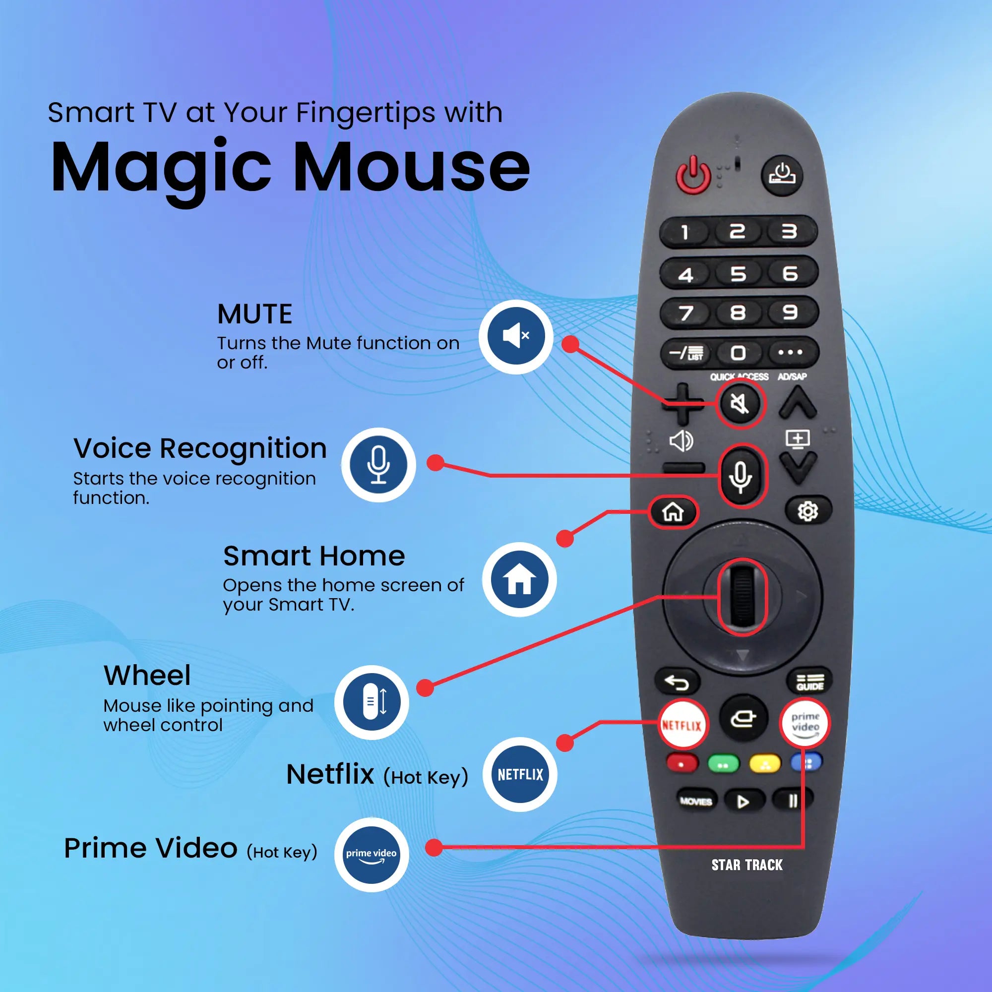 Star Track 4K Smart TV displaying webOS Hub interface with app icons for streaming services, featuring bezel-less design and sleek black frame. Home screen shows Live TV, Alexa, Netflix, and other popular streaming apps arranged in a clean, modern layout against a dark background. MAGIC REMOTE WITH WHEEL