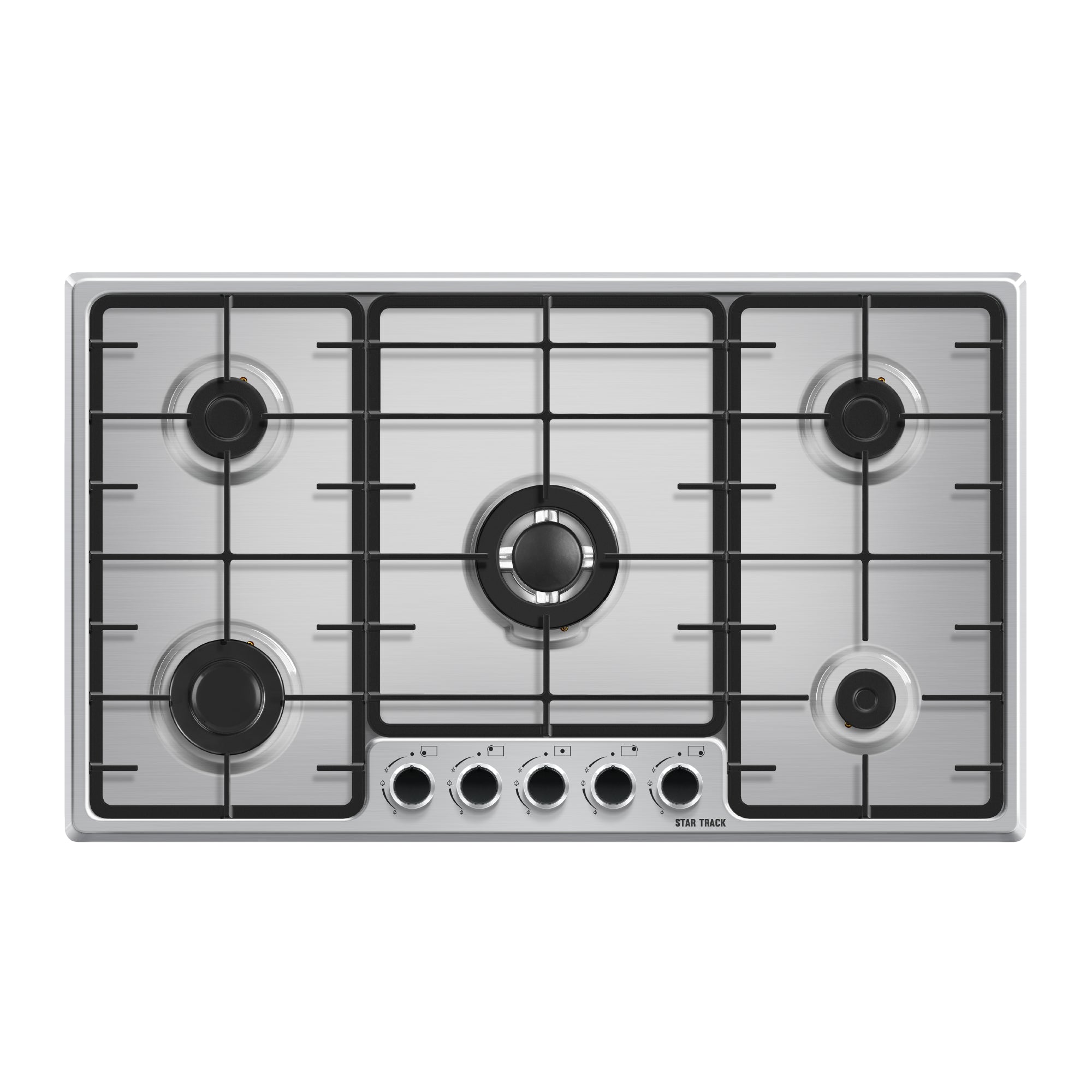 Star Track 5-Burner Gas Range with stainless steel finish featuring 90x60cm cooking surface, black control knobs, cast iron pan supports, and centered wok burner, showcasing sleek modern design with professional-grade burner configuration in brushed stainless steel construction.