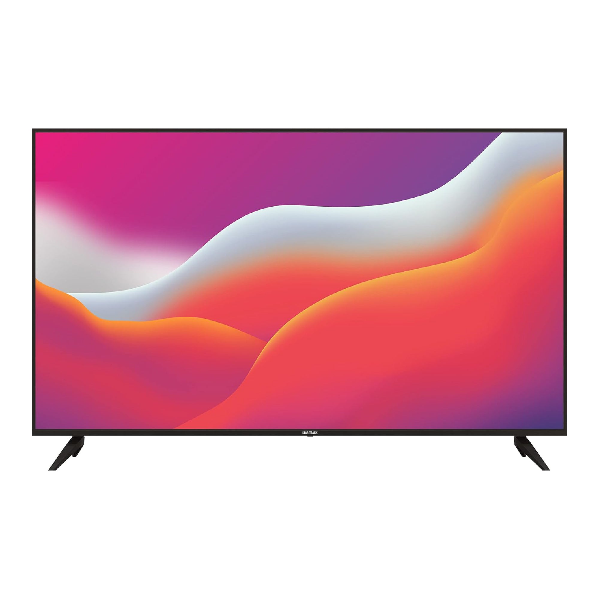 Star Track 40-inch Full HD LED TV with black frame displaying vibrant waves of pink, purple, orange, and white colors against a dark background, showcasing the TV's high-quality display capabilities and slim modern design.