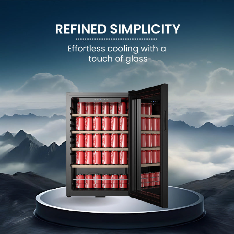 115L Beverage Cooler, Mirror Glass Door, Security Lock, 4 Wooden Shelves, Blue Interior Light – Sleek & Secure Storage