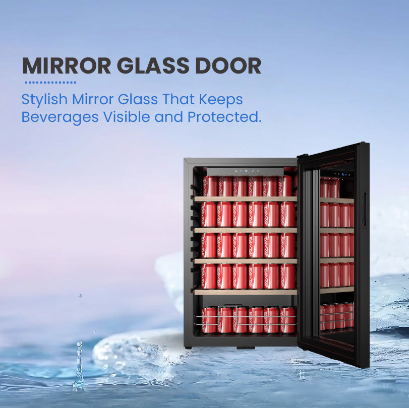 115L Beverage Cooler, Mirror Glass Door, Security Lock, 4 Wooden Shelves, Blue Interior Light – Sleek & Secure Storage