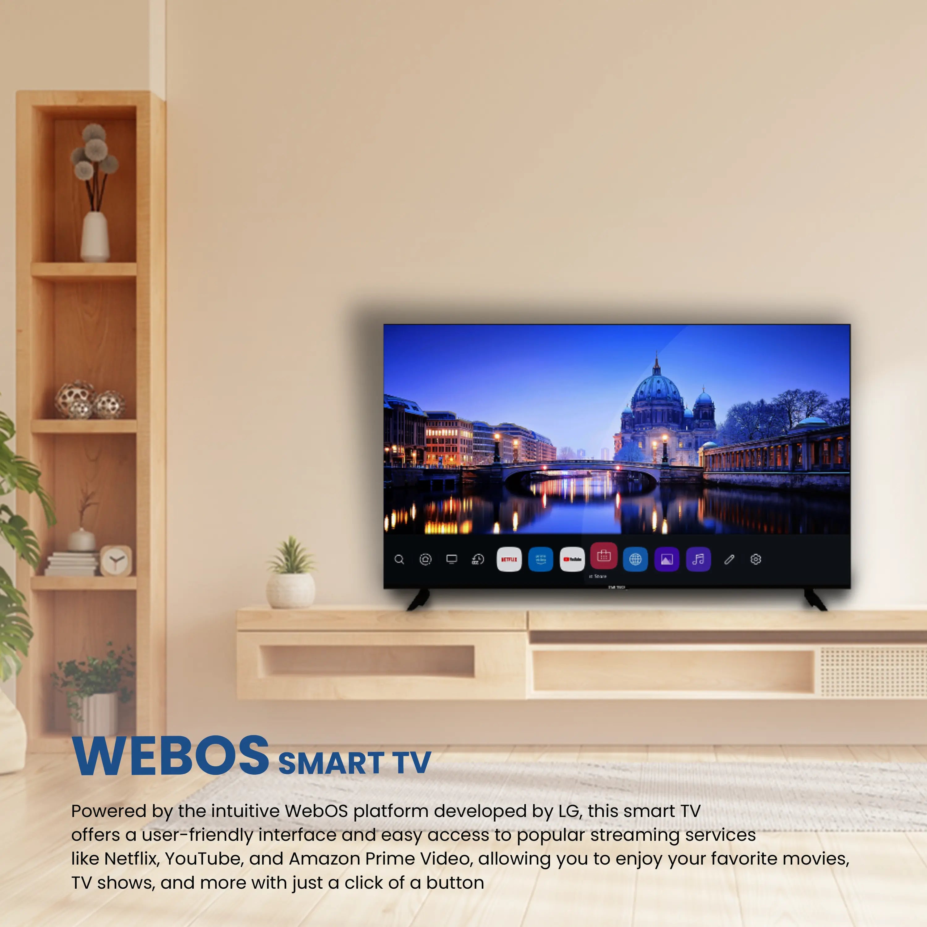 Star Track 4K Smart TV displaying webOS Hub interface with app icons for streaming services, featuring bezel-less design and sleek black frame. Home screen shows Live TV, Alexa, Netflix, and other popular streaming apps arranged in a clean, modern layout against a dark background